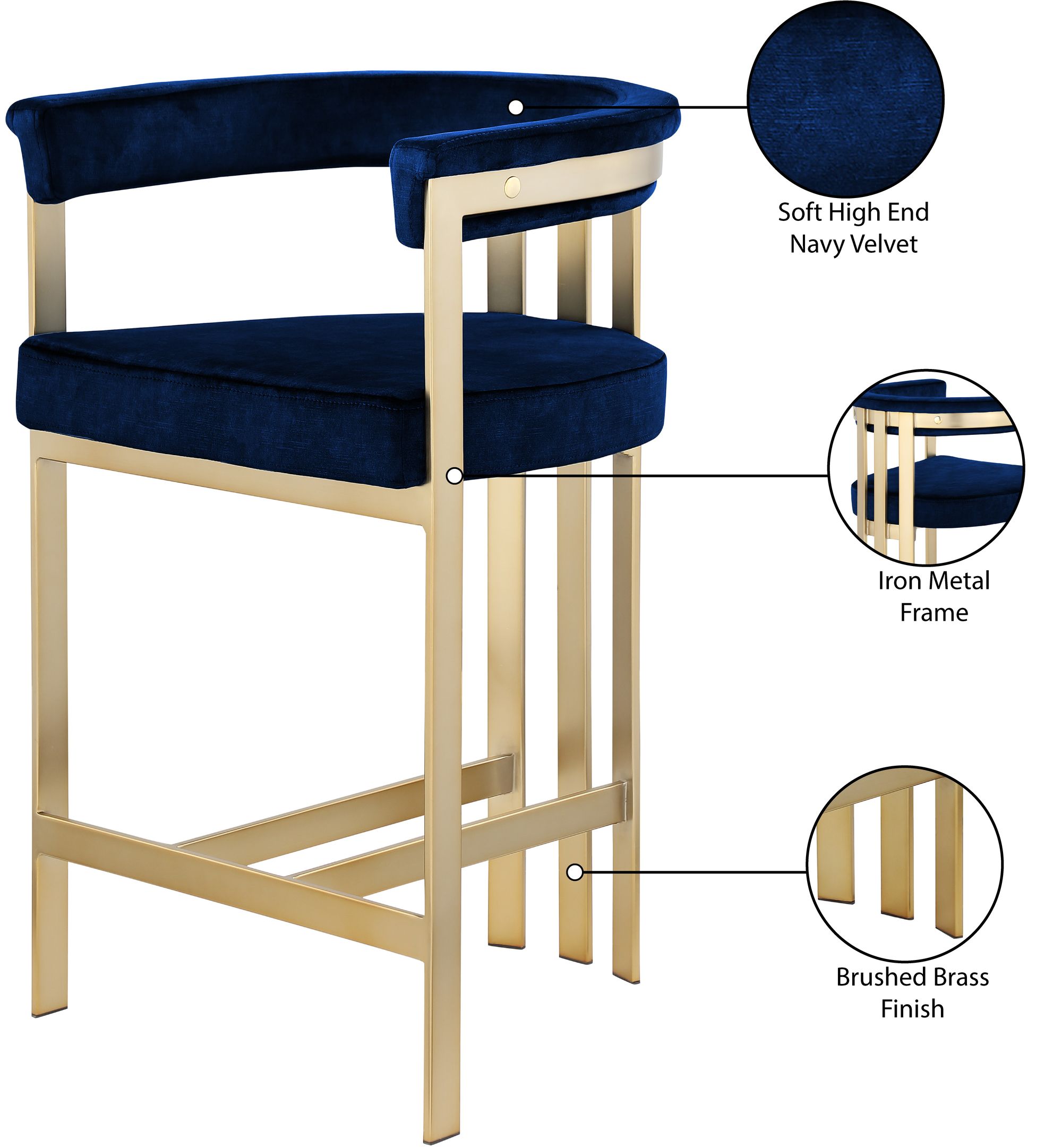 Marcello Velvet Counter Stool with Brushed Brass Frame