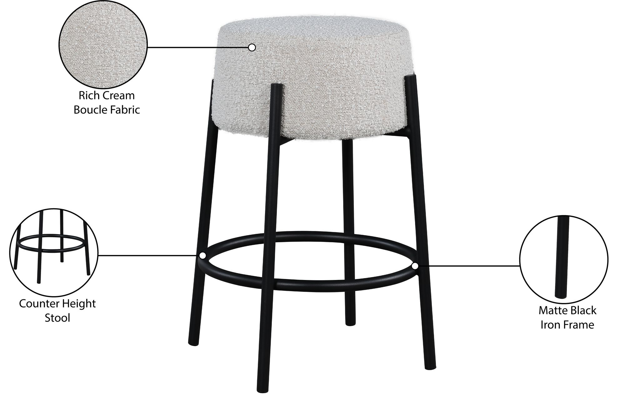 Avalon Boucle Fabric Counter Stool with Matte Black Iron Frame