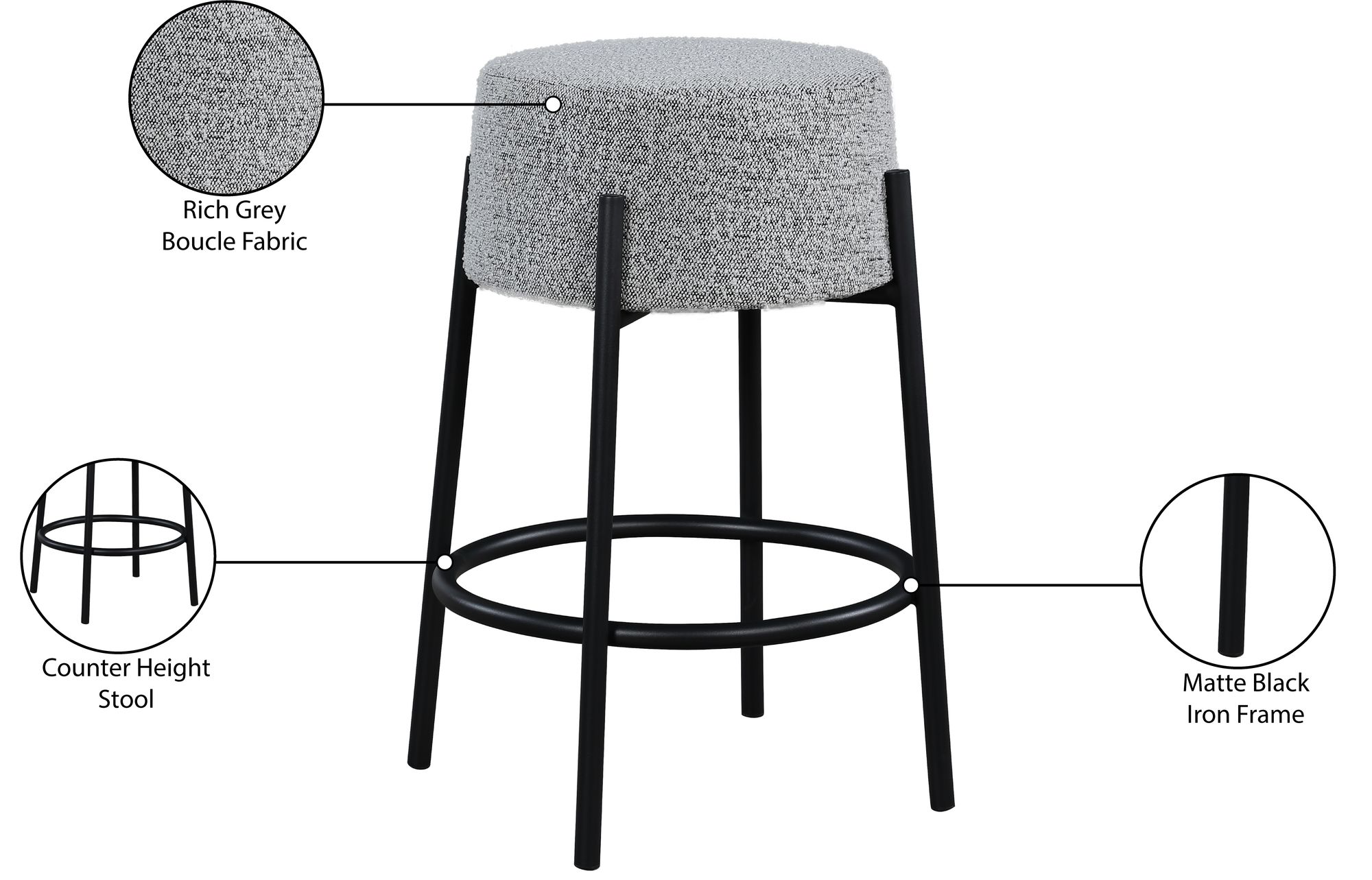 Avalon Boucle Fabric Counter Stool with Matte Black Iron Frame