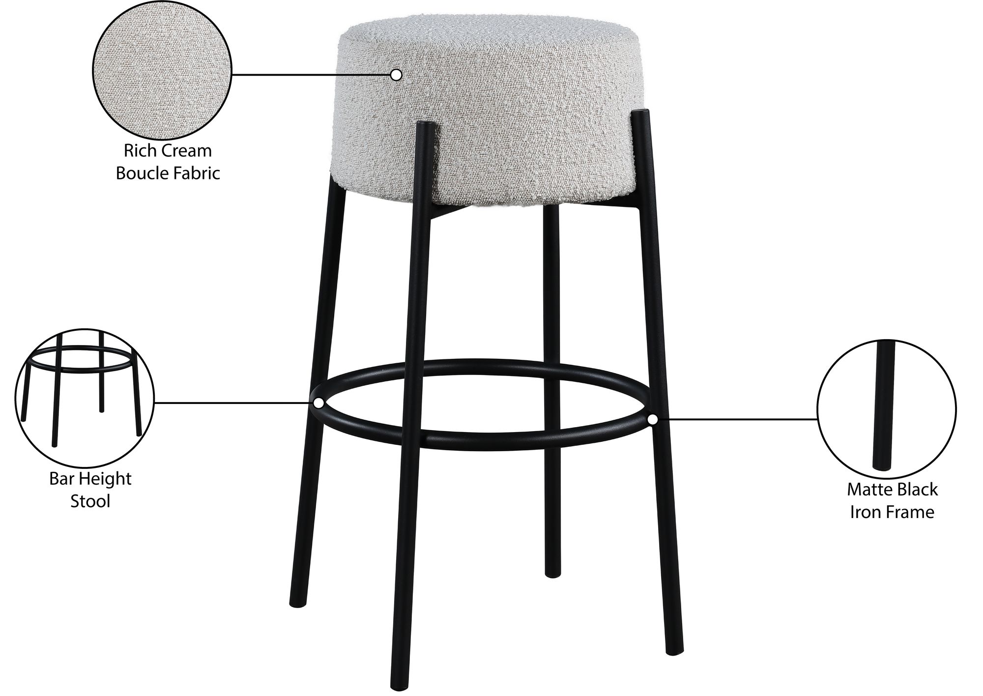 Avalon Boucle Fabric Bar Stool with Matte Black Iron Frame