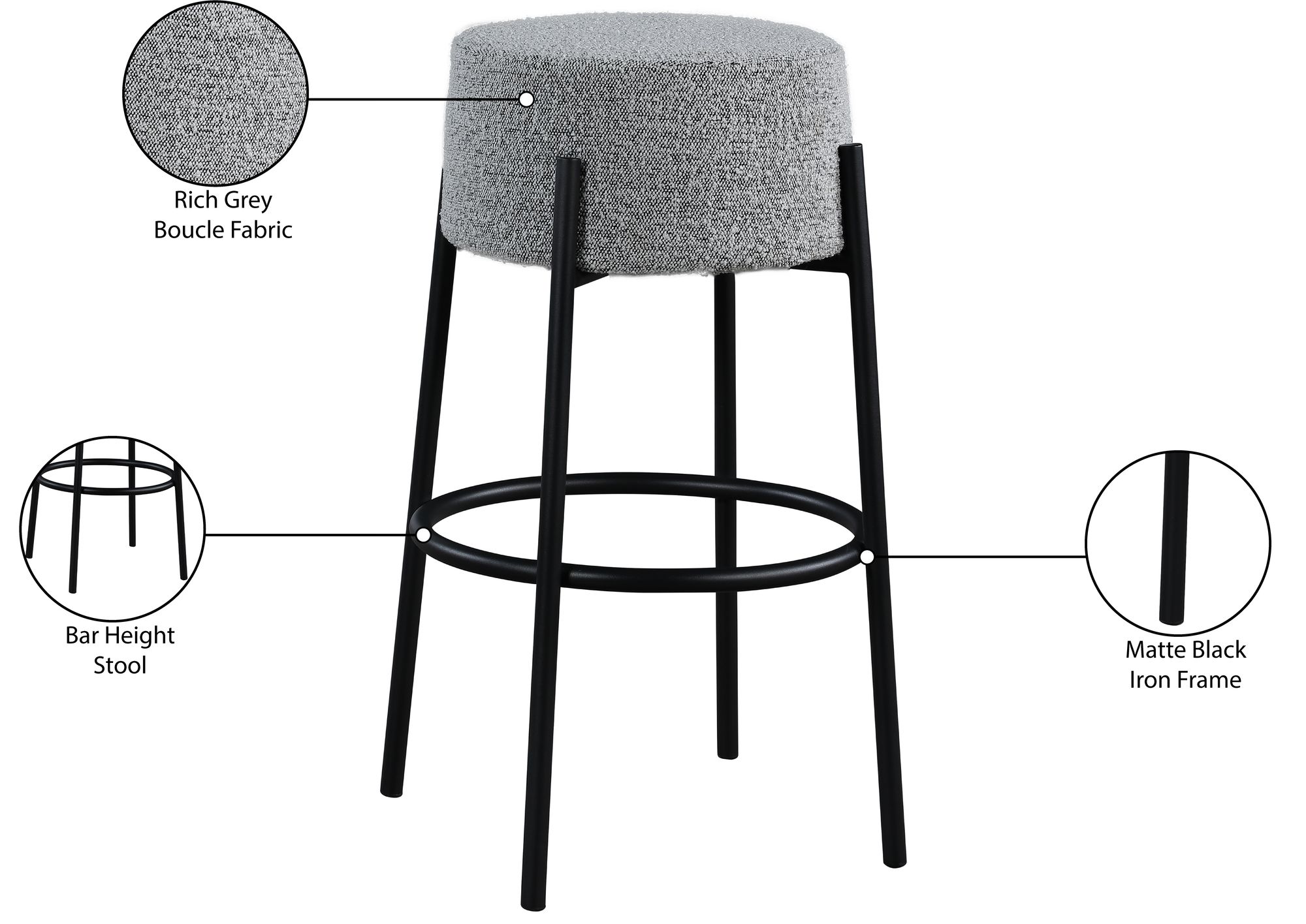 Avalon Boucle Fabric Bar Stool with Matte Black Iron Frame