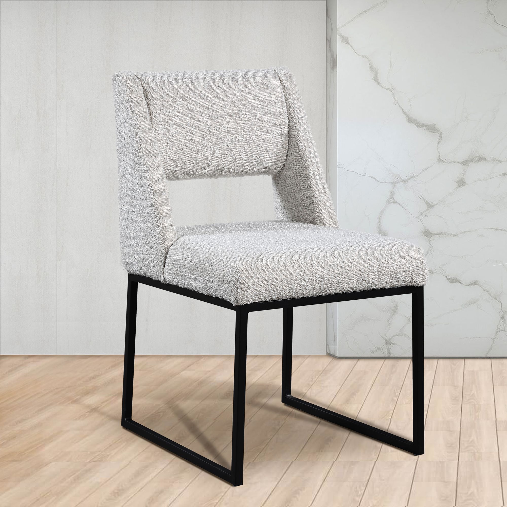 Jayce Boucle Fabric Dining Chair with Matte Black Iron Base