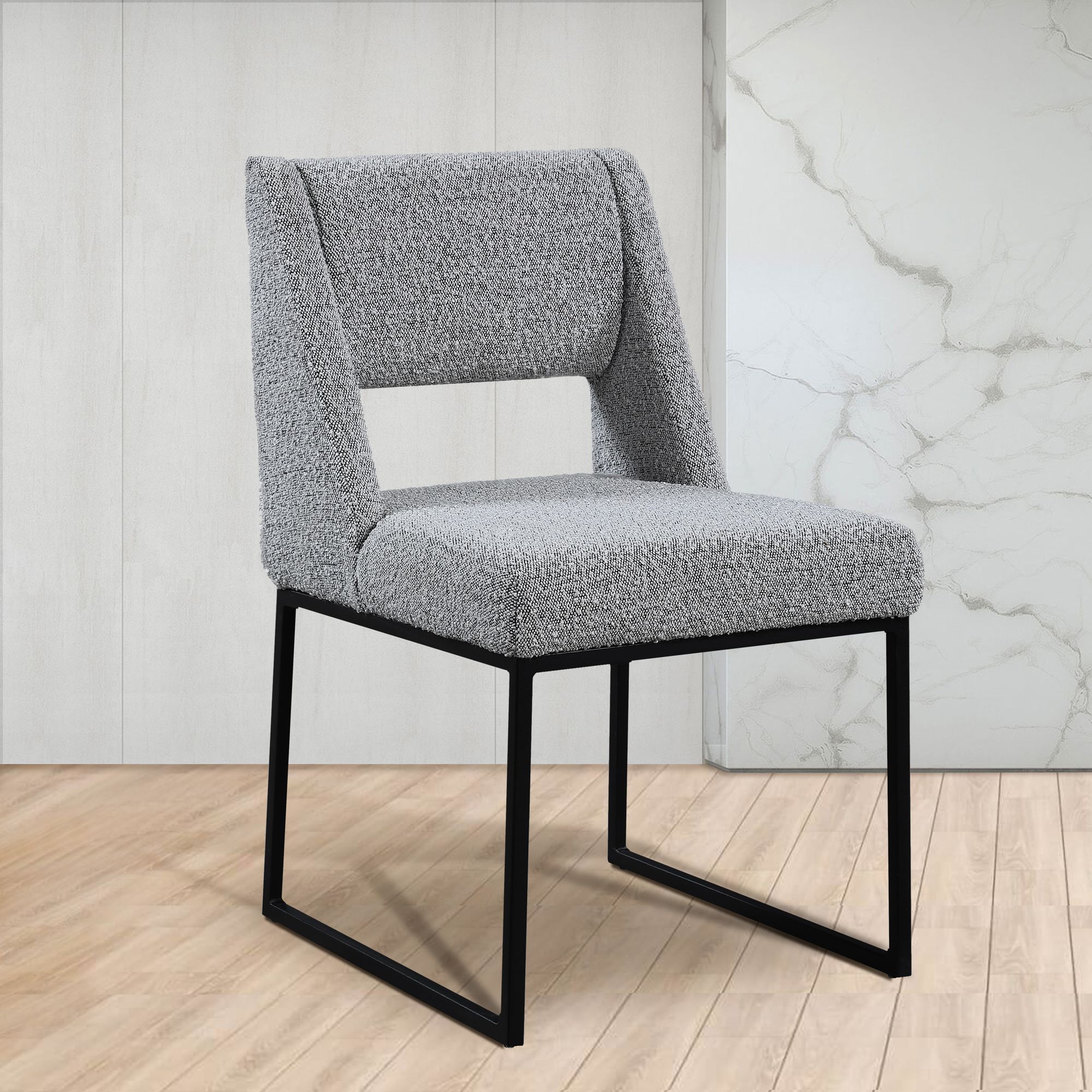 Jayce Boucle Fabric Dining Chair with Matte Black Iron Base