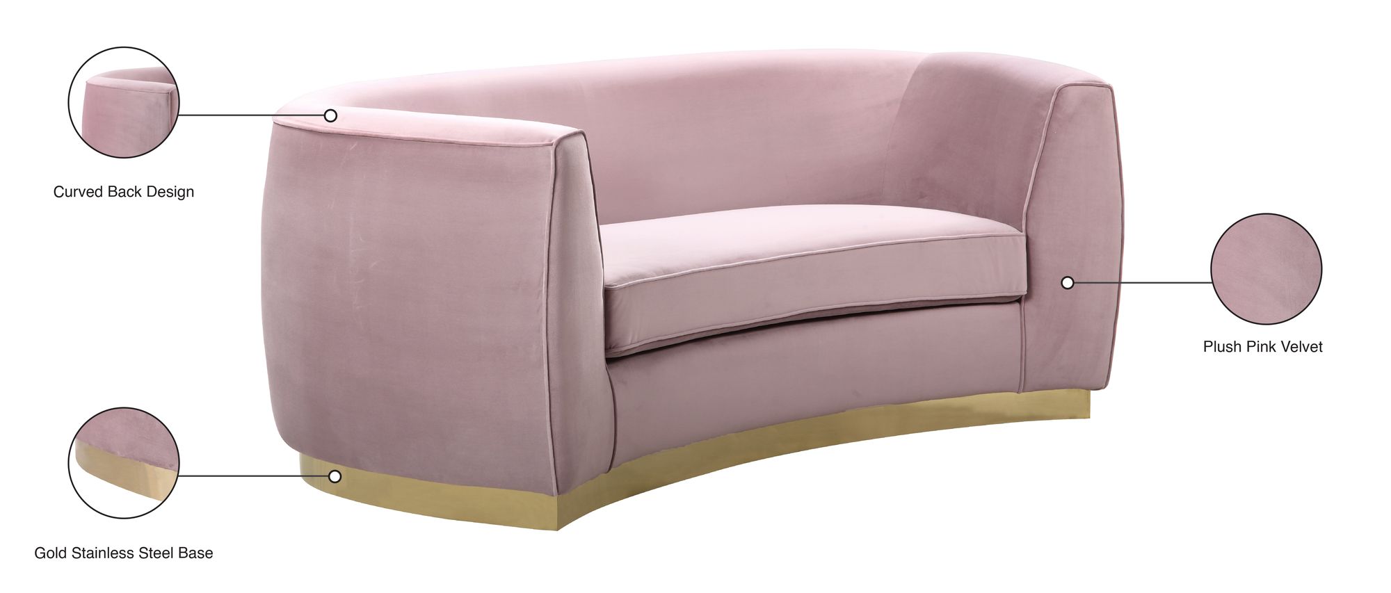 Julian Velvet Loveseat with Gold Stainless Steel Base