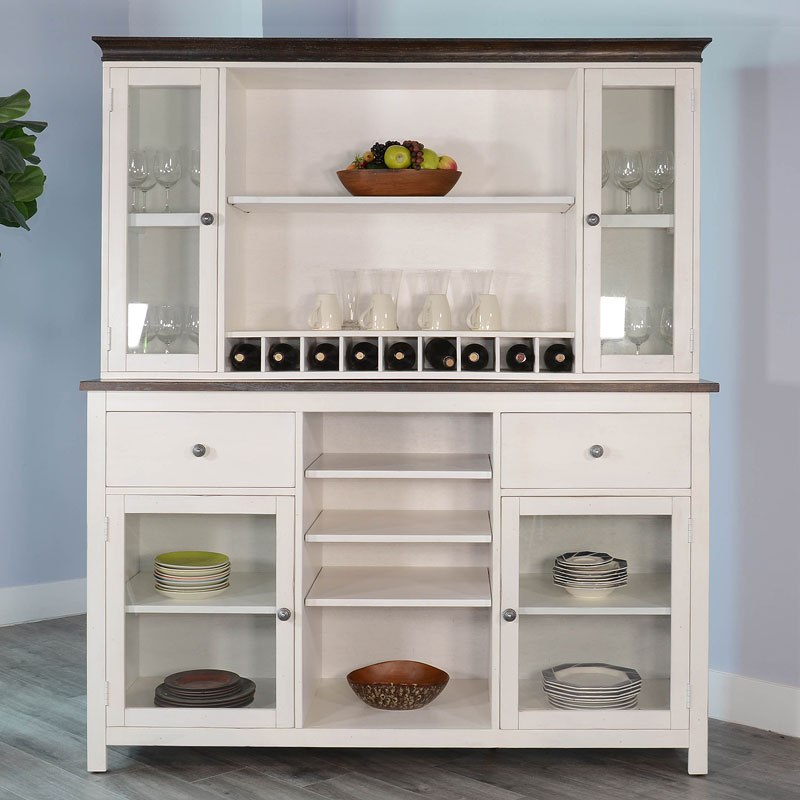 SM Carriage House Wood Buffet & Hutch w/4 Doors, 2 Drawers & 9 Wine Bottle Storage