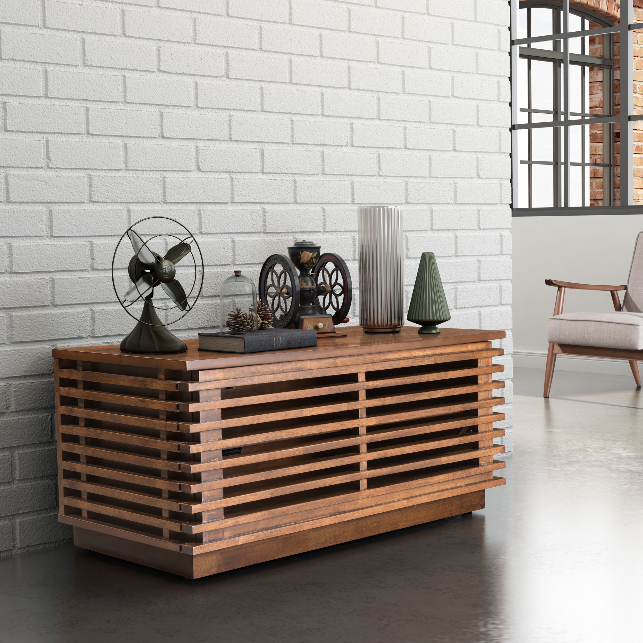 Linea Wood Veneer Narrow Entertainment Stand w/Door