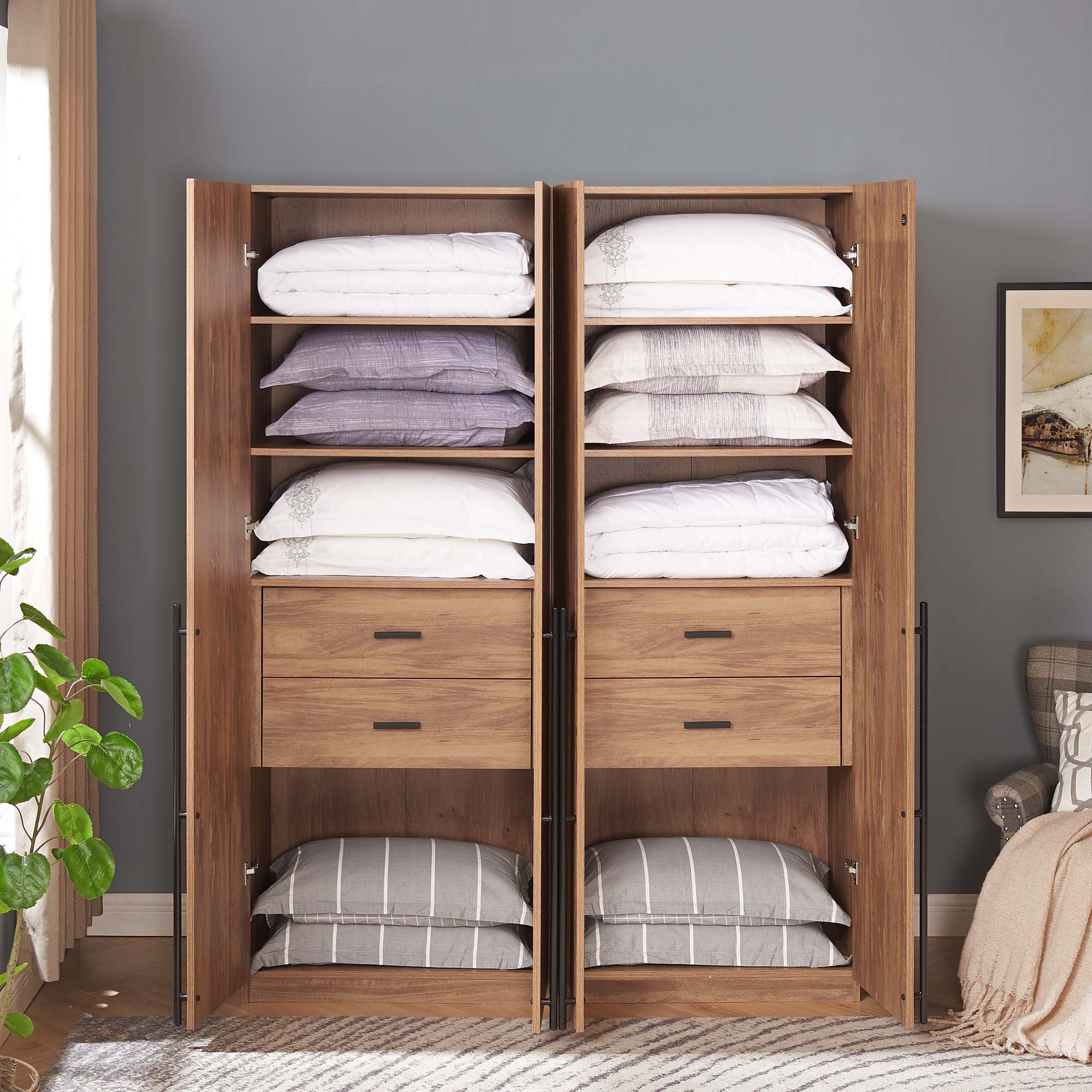 Lee Freestanding 2-Piece Wardrobe Closet 1.0 w/4 Shelves & 2 Drawers 