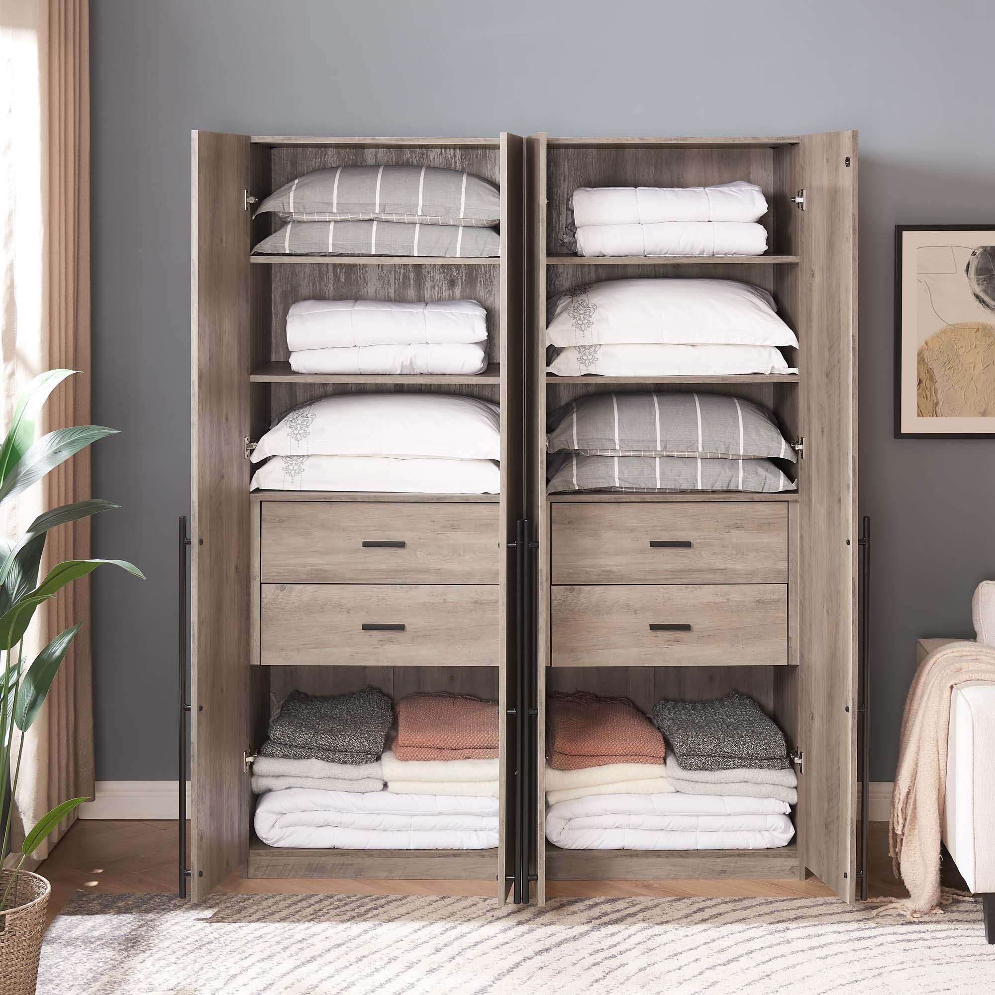 Lee Freestanding 2-Piece Wardrobe Closet 1.0 w/4 Shelves & 2 Drawers 