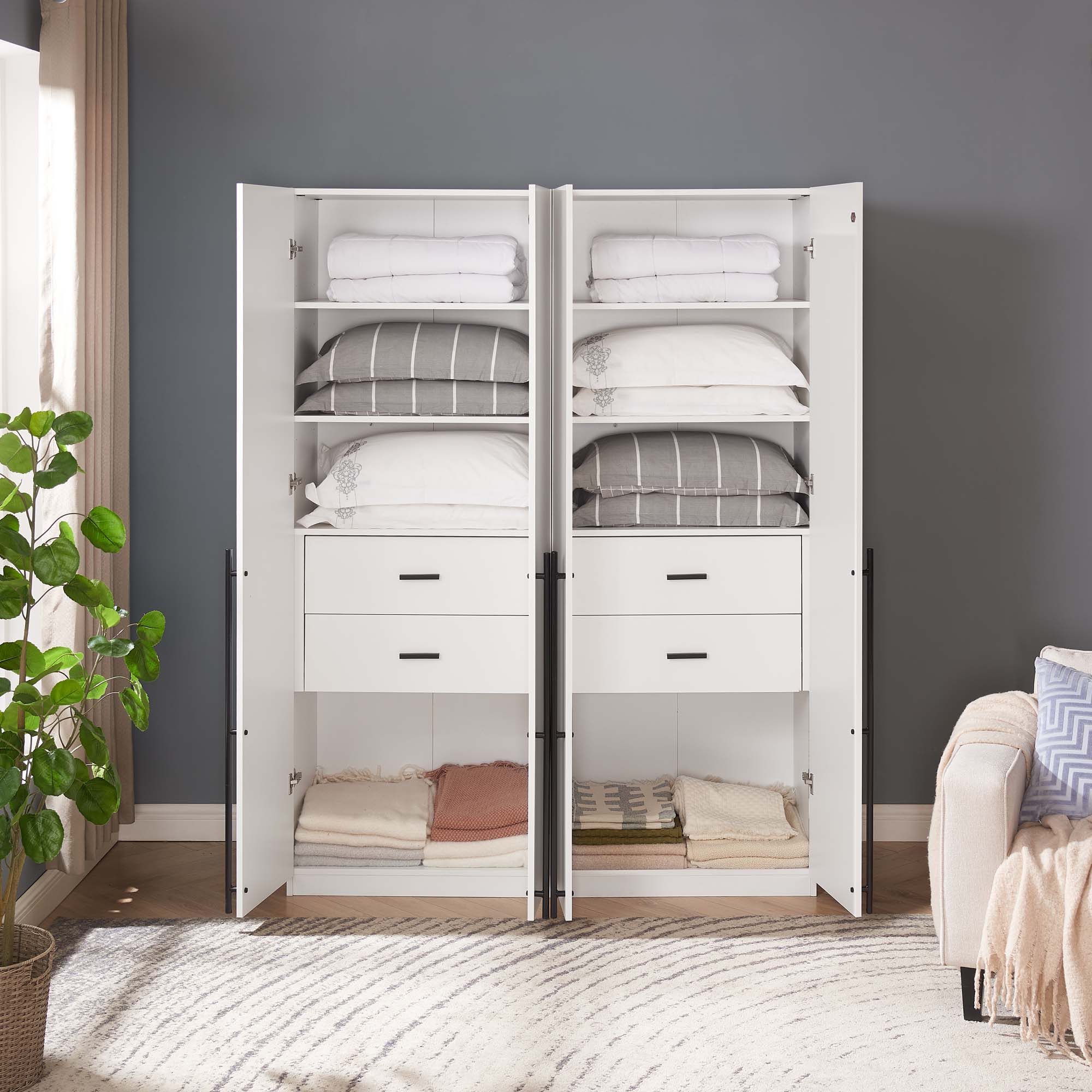 Lee Freestanding 2-Piece Wardrobe Closet 1.0 w/4 Shelves & 2 Drawers 