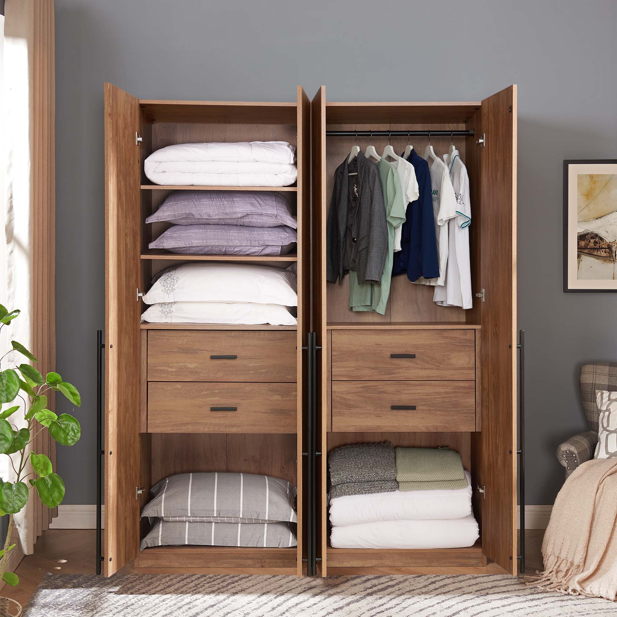 Lee Freestanding 2-Piece Wardrobe Closet w/1 Hanging Rod, 4 Drawers & 5 Shelves 