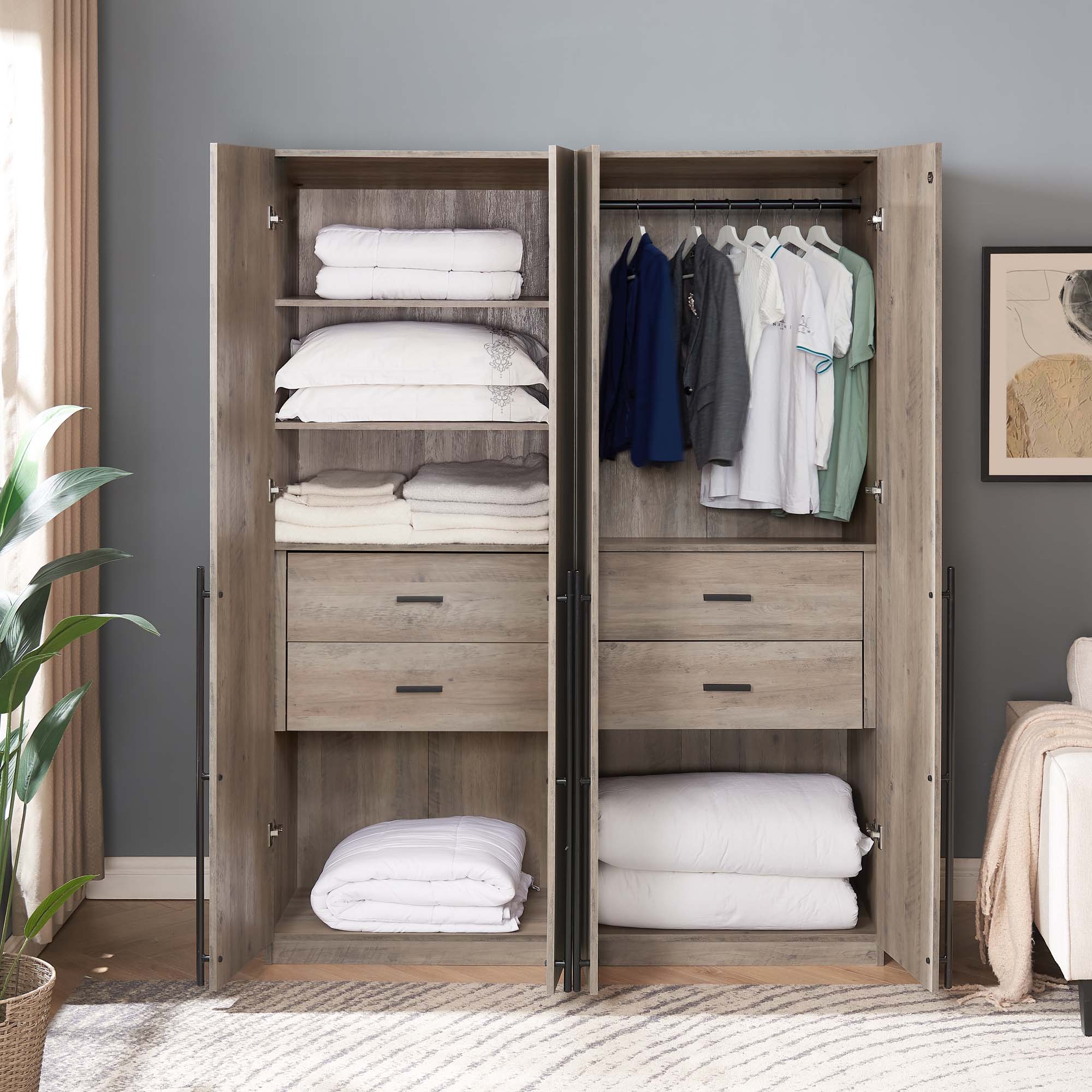 Lee Freestanding 2-Piece Wardrobe Closet w/1 Hanging Rod, 4 Drawers & 5 Shelves 