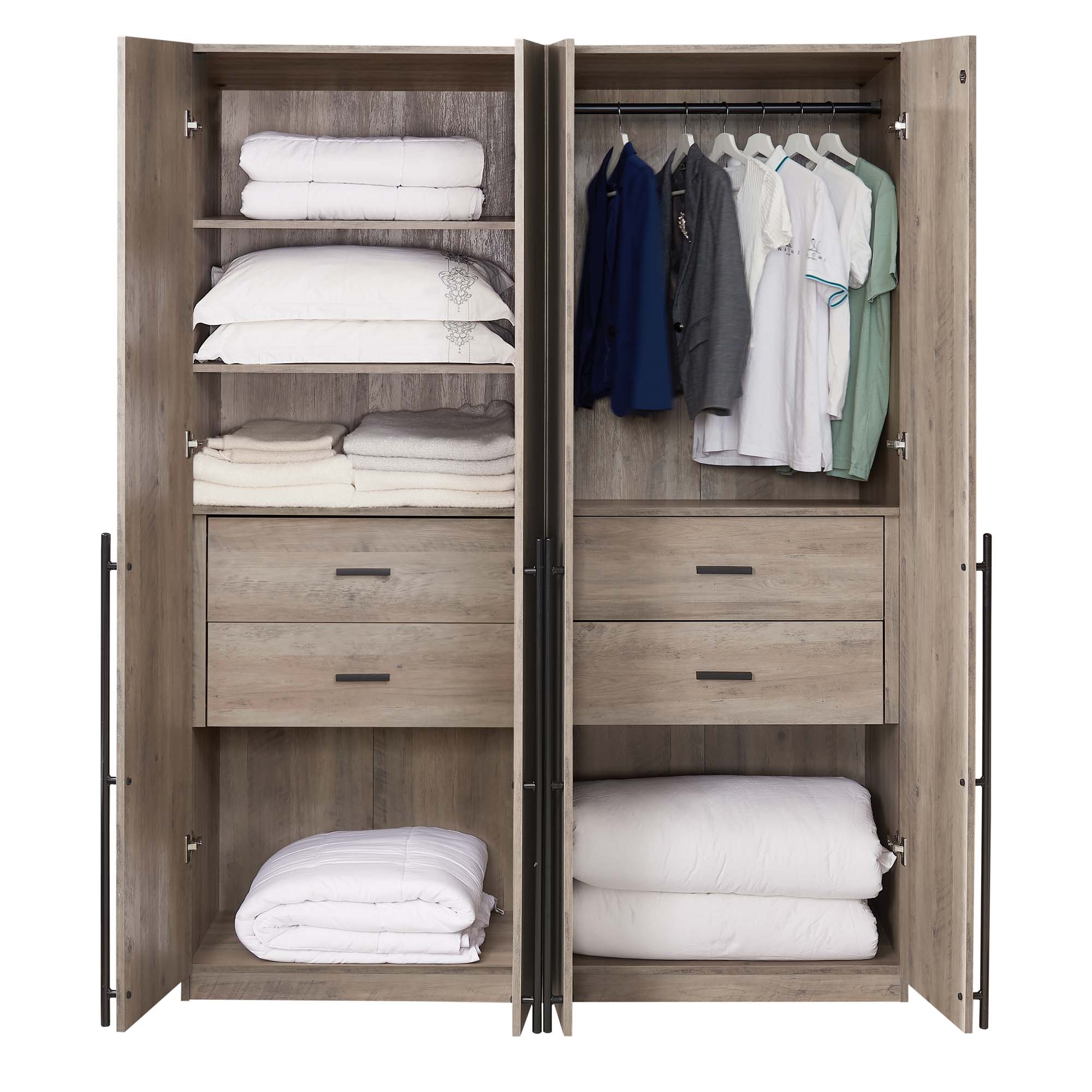 Lee Freestanding 2-Piece Wardrobe Closet w/1 Hanging Rod, 4 Drawers & 5 Shelves 