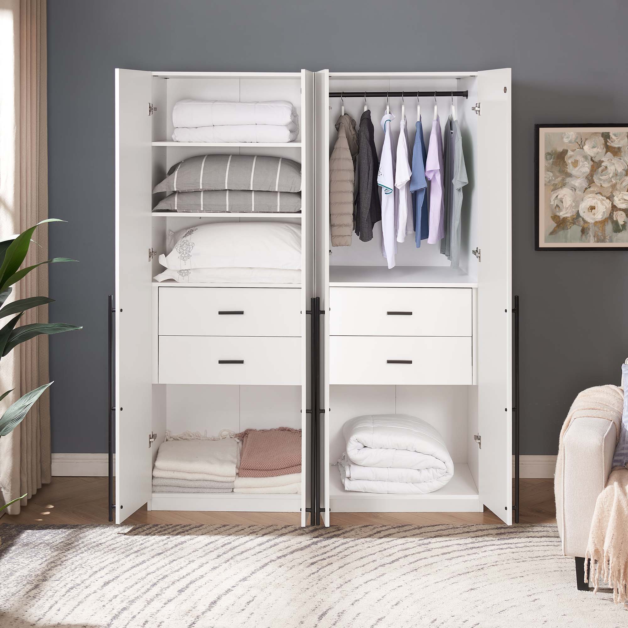Lee Freestanding 2-Piece Wardrobe Closet w/1 Hanging Rod, 4 Drawers & 5 Shelves 