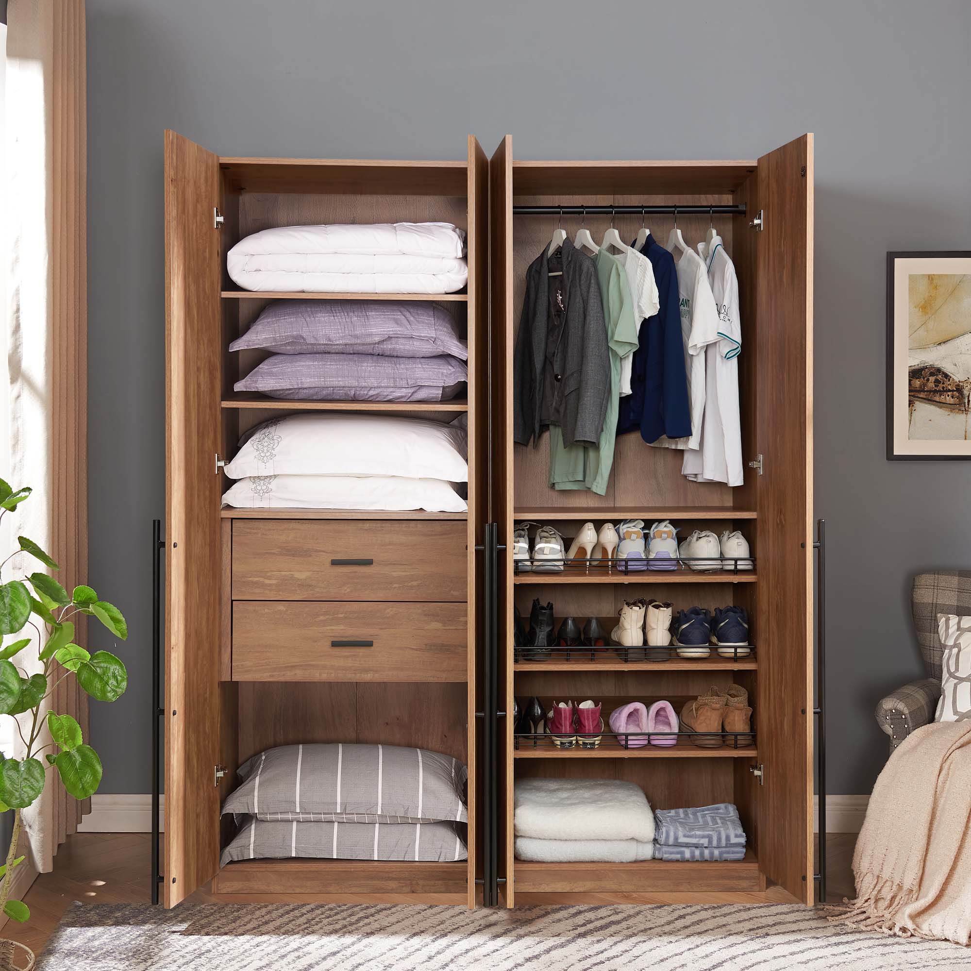 Lee Freestanding 2-Piece Wardrobe Closet w/1 Hanging Rod, 2 Drawers, 3 Shoe Shelves & 5 Shelves 