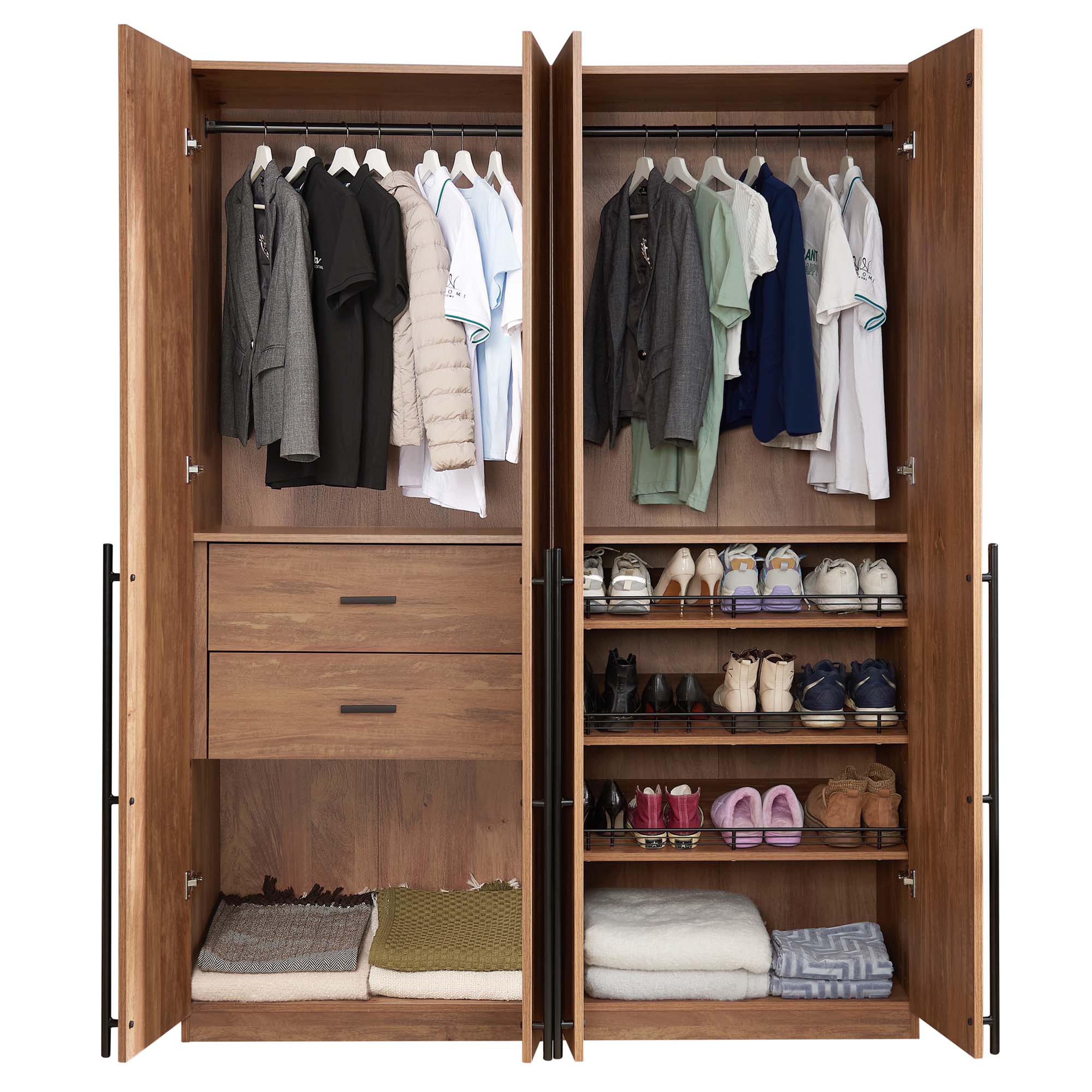 Lee Freestanding 2-Piece Wardrobe Closet w/1 Hanging Rod, 2 Drawers, 3 Shoe Shelves & 5 Shelves 