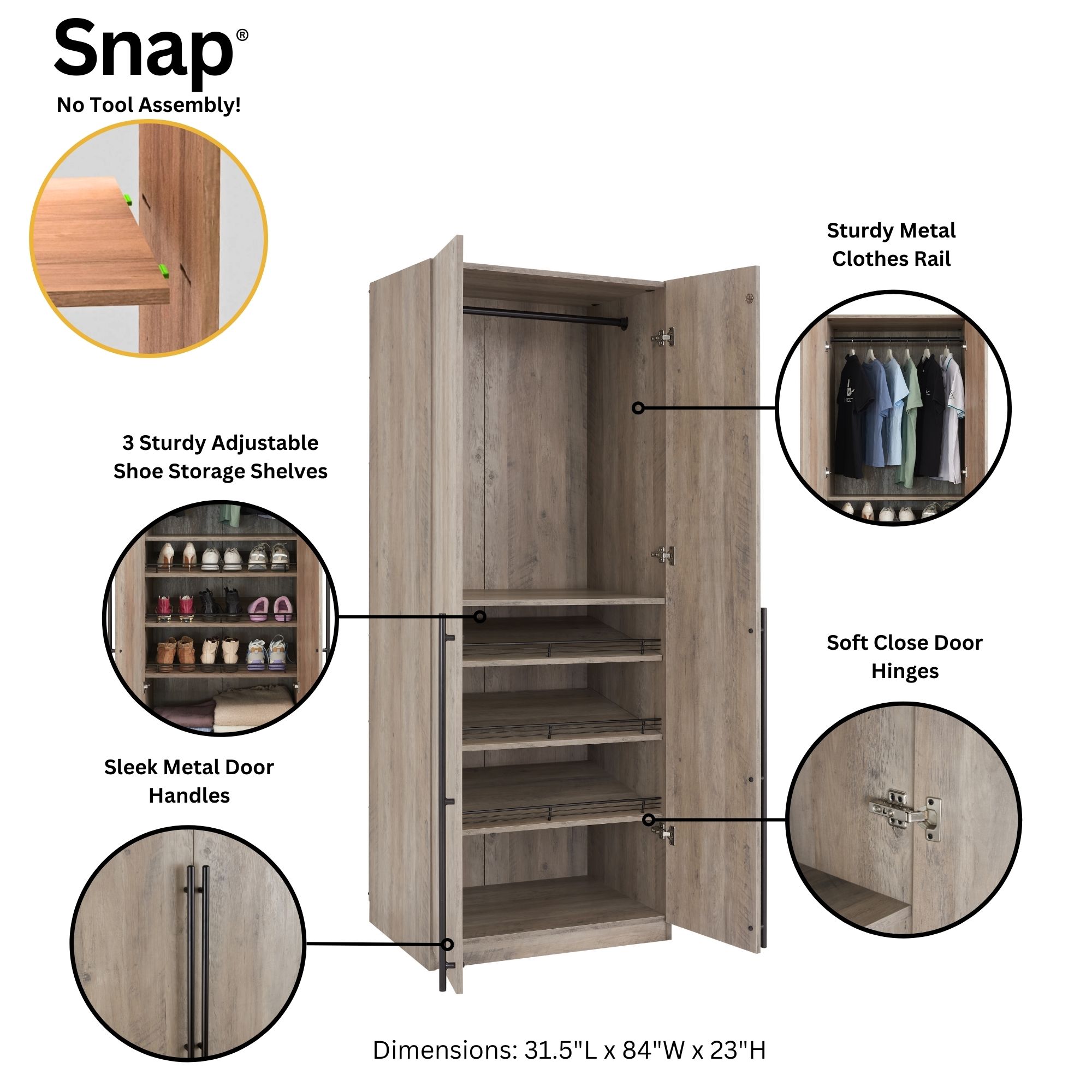 Lee Freestanding 2-Piece Wardrobe Closet w/1 Hanging Rod, 2 Drawers, 3 Shoe Shelves & 5 Shelves 