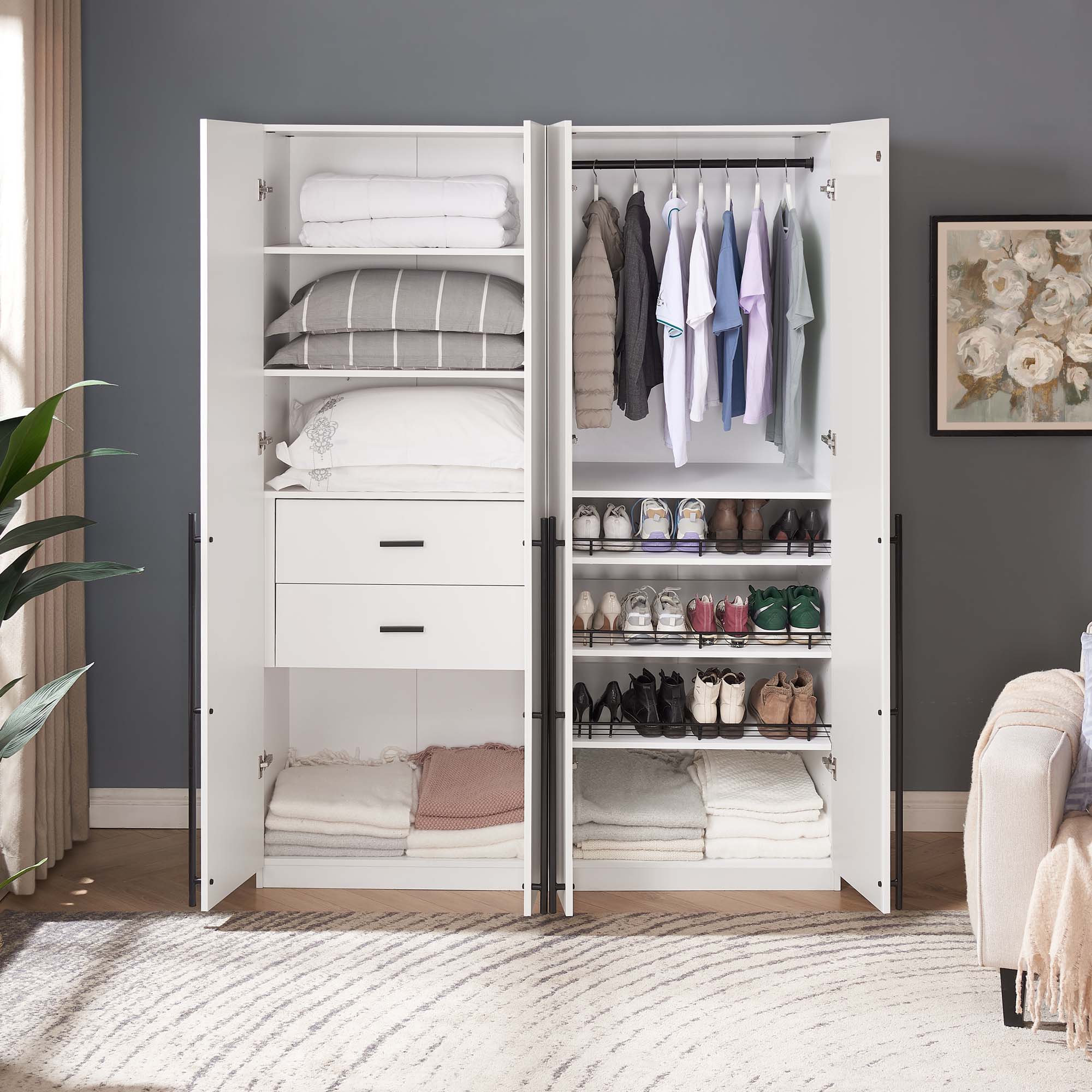 Lee Freestanding 2-Piece Wardrobe Closet w/1 Hanging Rod, 2 Drawers, 3 Shoe Shelves & 5 Shelves 