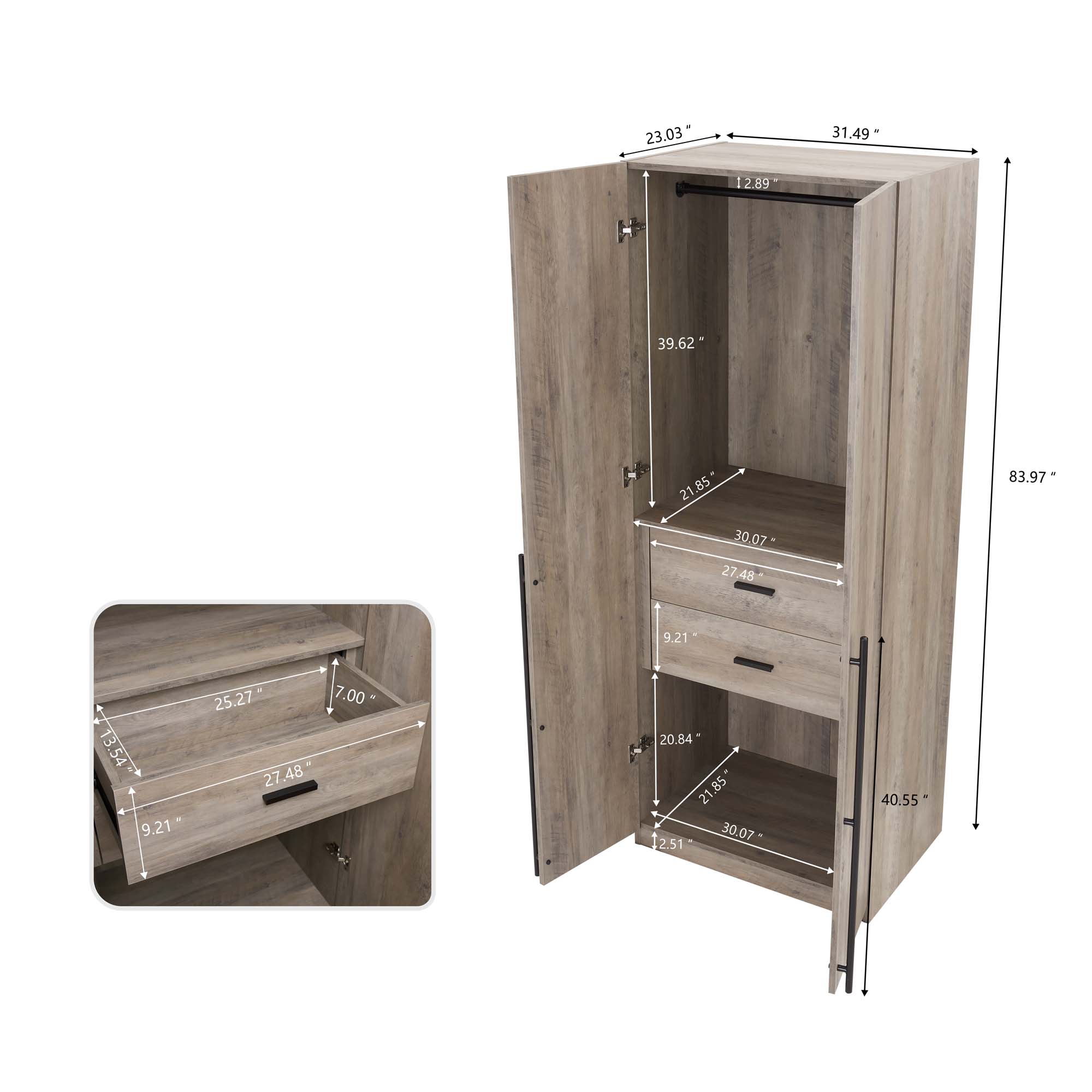 Lee Freestanding 2-Piece Wardrobe Closet 2.0 w/1 Hanging Rod, 1 Shelf & 2 Drawers 