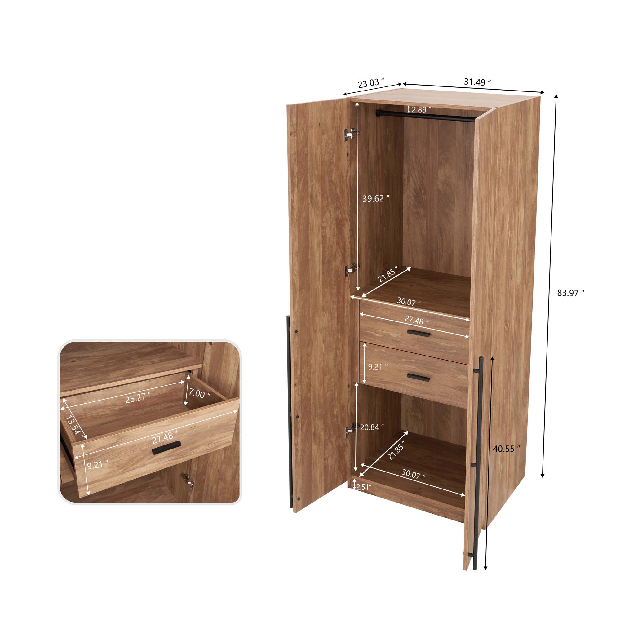 Lee Freestanding 2-Piece Wardrobe w/2 Hanging Rods, 2 Drawers, 3 Shoe Shelves & 2 Shelves 