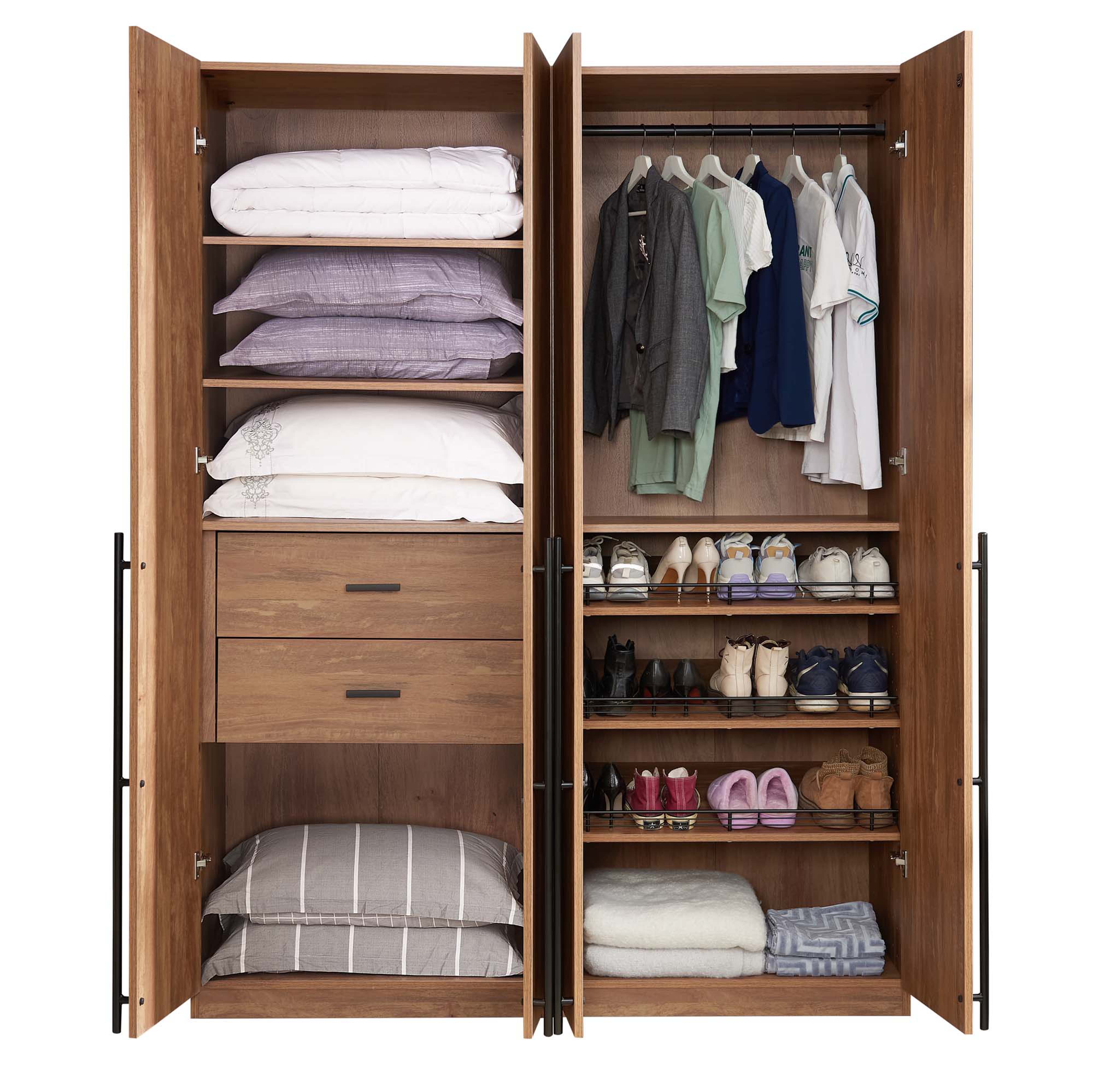 Lee Freestanding 2-Piece Wardrobe w/2 Hanging Rods, 2 Drawers, 3 Shoe Shelves & 2 Shelves 