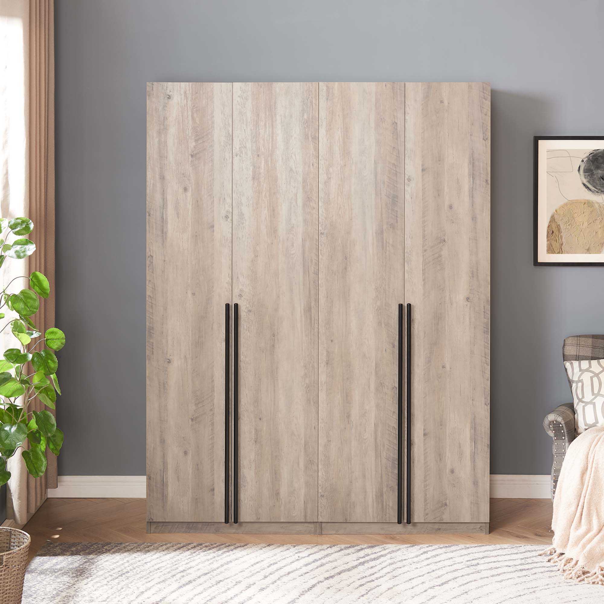 Lee Freestanding 2-Piece Wardrobe Closet w/2 Hanging Rods, 2 Drawers, 3 Shoe Shelves & 2 Shelves 