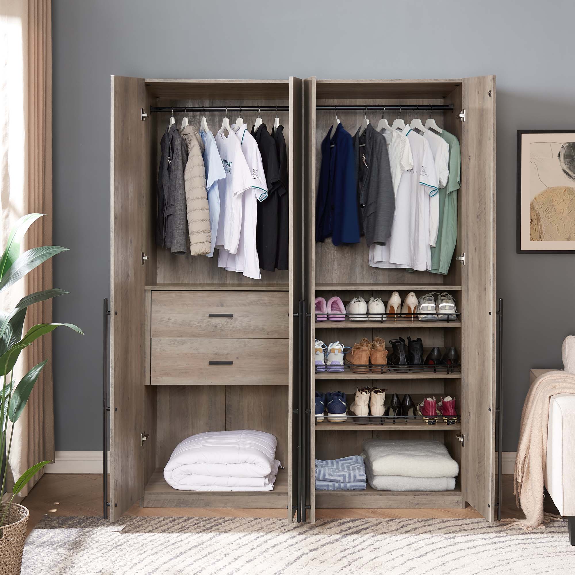 Lee Freestanding 2-Piece Wardrobe Closet w/2 Hanging Rods, 2 Drawers, 3 Shoe Shelves & 2 Shelves 