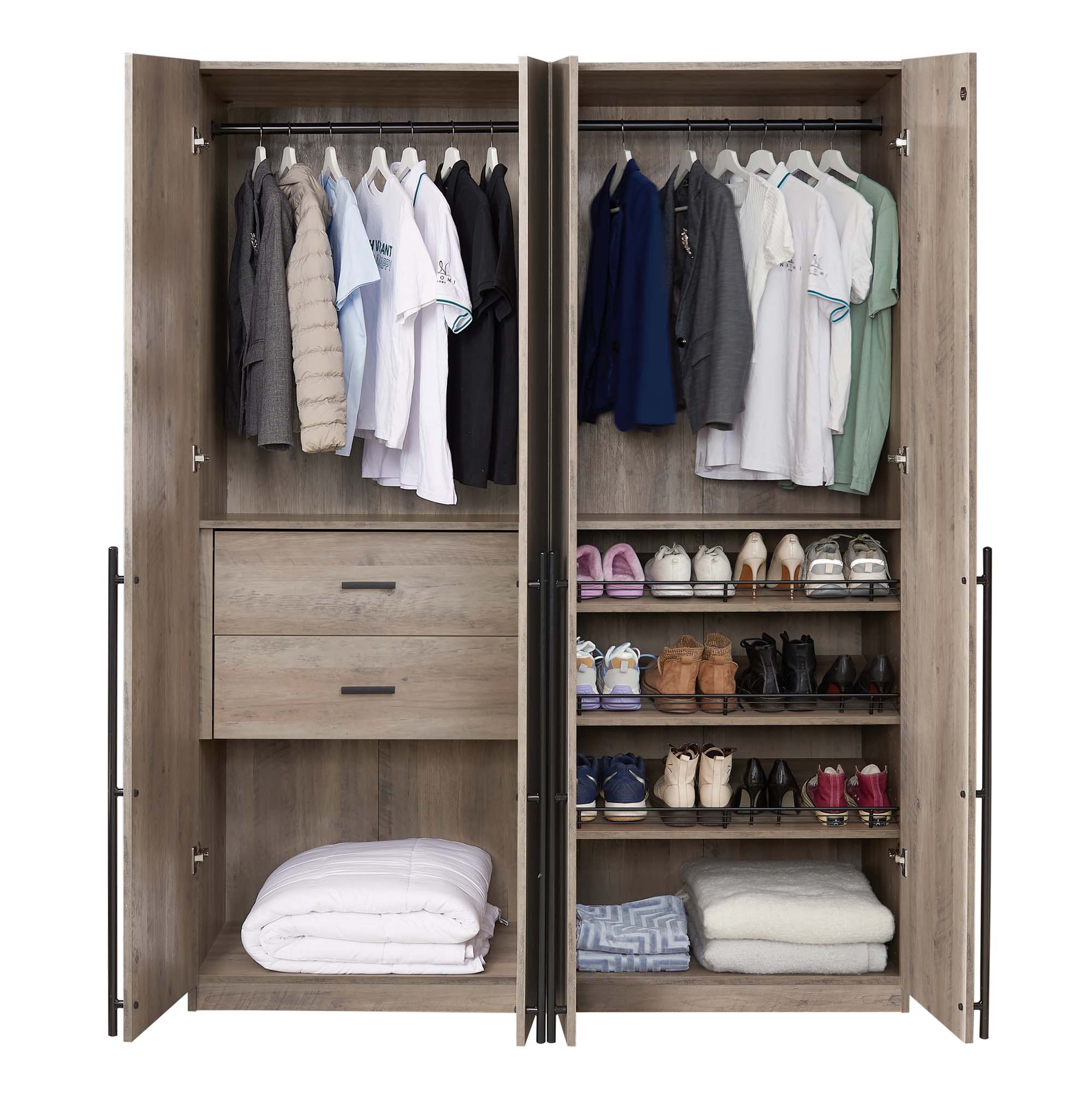 Lee Freestanding 2-Piece Wardrobe Closet w/2 Hanging Rods, 2 Drawers, 3 Shoe Shelves & 2 Shelves 