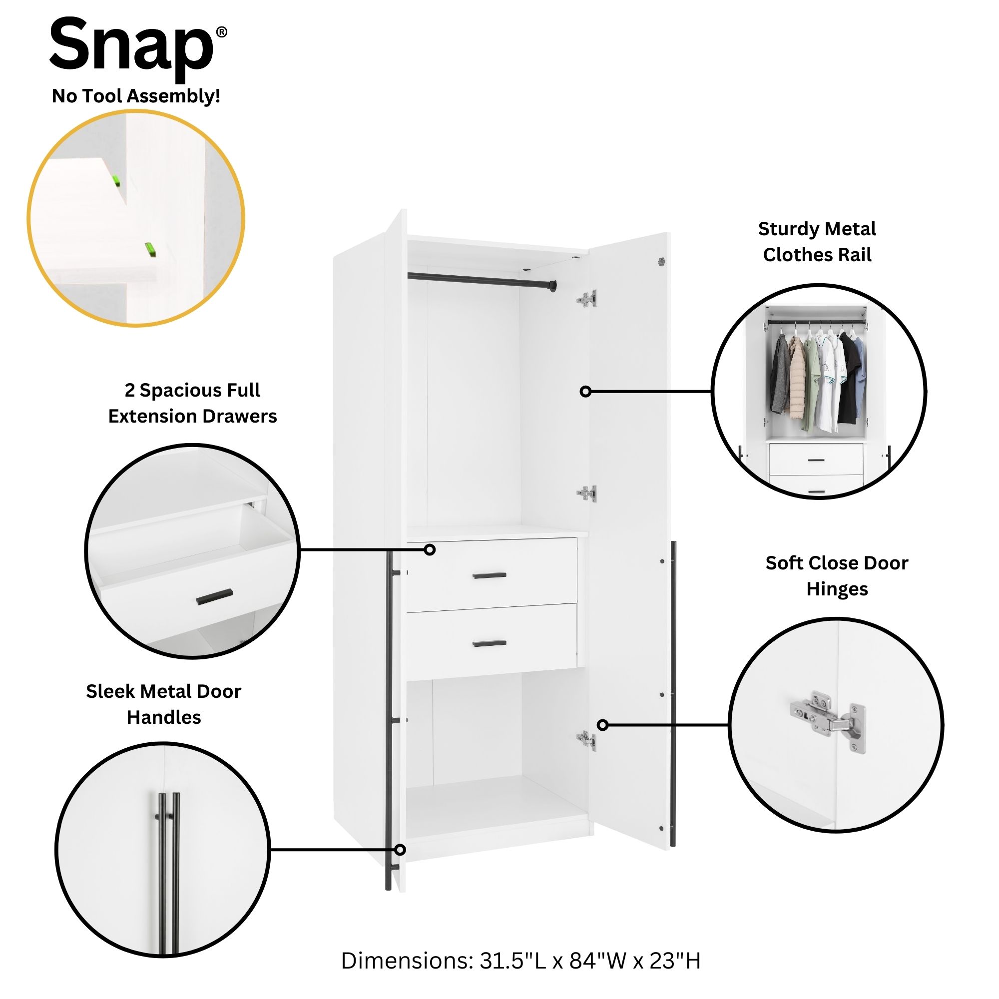 Lee Freestanding 2-Piece Wardrobe Closet w/2 Hanging Rods, 2 Drawers, 3 Shoe Shelves & 2 Shelves 