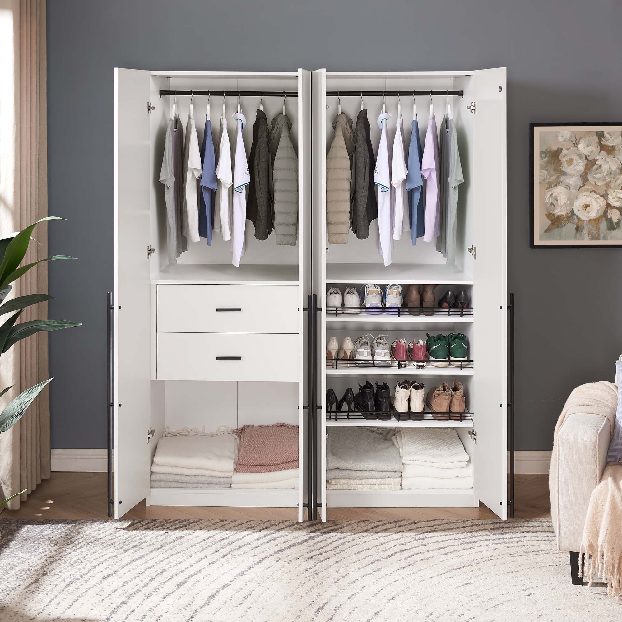 Lee Freestanding 2-Piece Wardrobe Closet w/2 Hanging Rods, 2 Drawers, 3 Shoe Shelves & 2 Shelves 