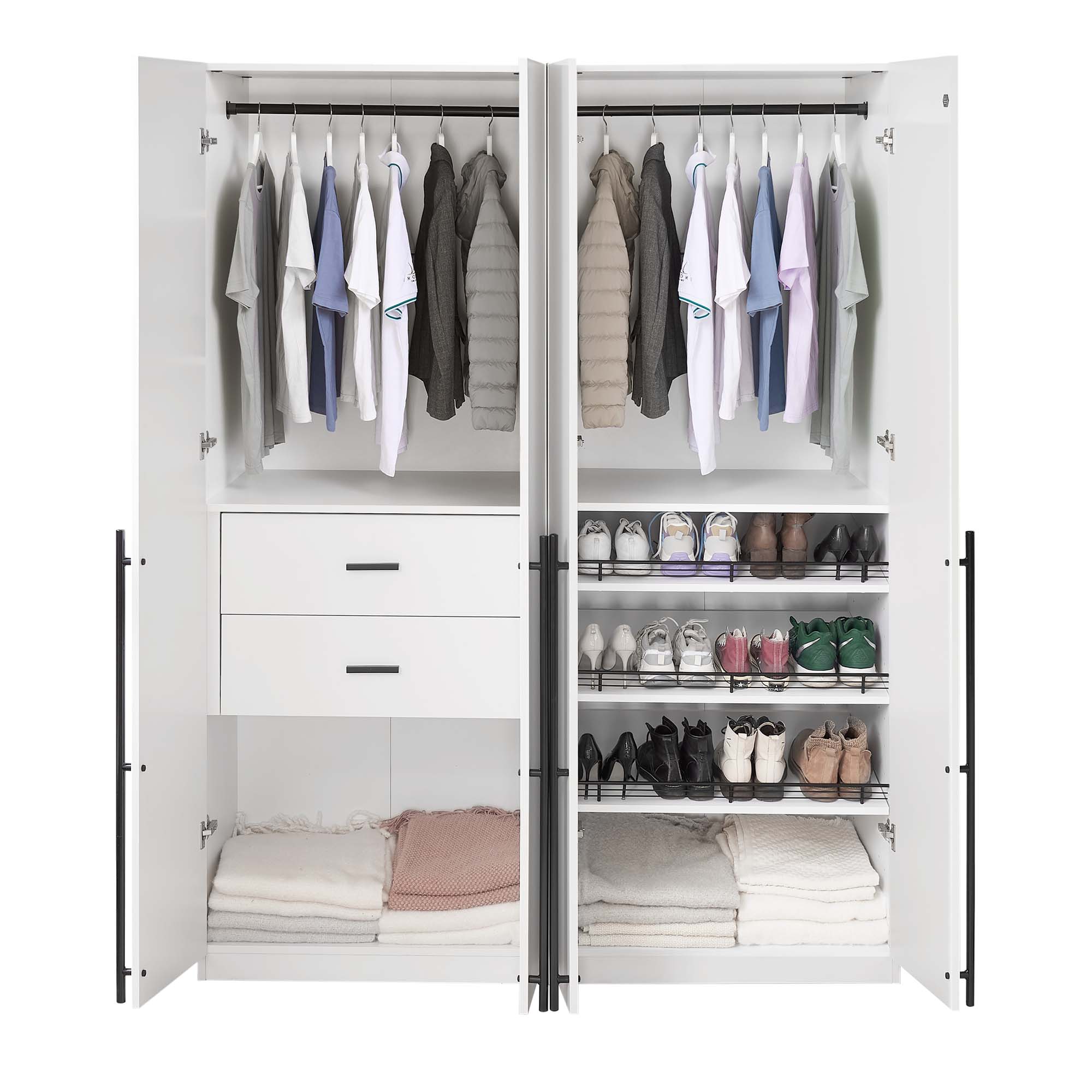 Lee Freestanding 2-Piece Wardrobe Closet w/2 Hanging Rods, 2 Drawers, 3 Shoe Shelves & 2 Shelves 