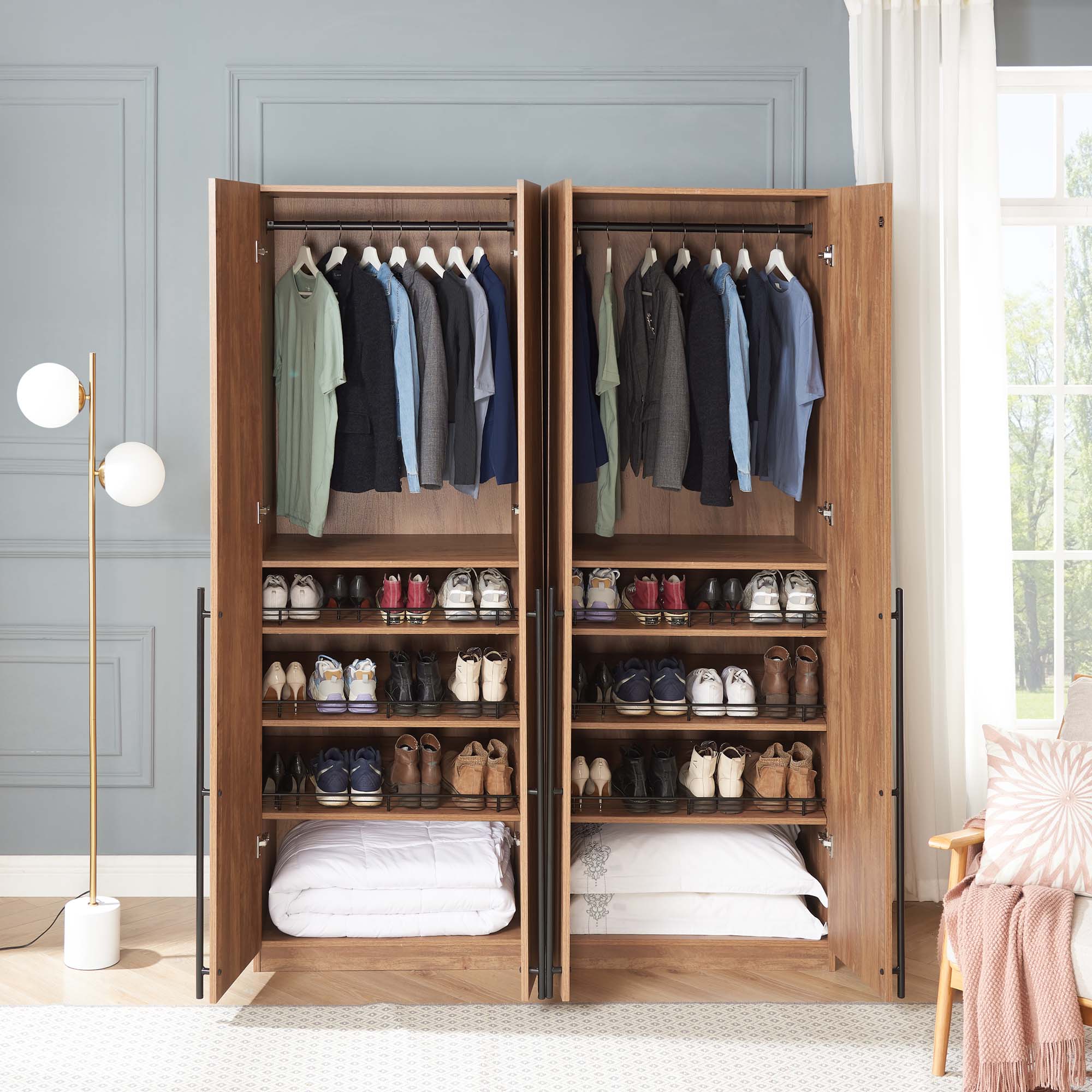 Lee Freestanding 2-Piece Wardrobe Closet 3.0 w/1 Hanging Rod, 3 Shoe Shelves & 1 Basic Shelf 