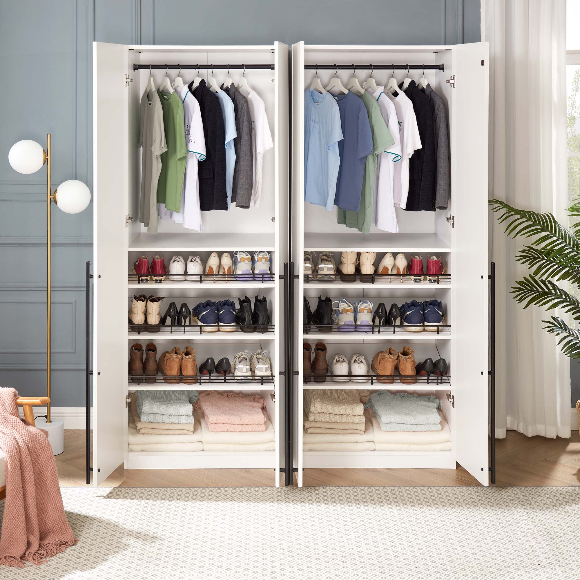 Lee Freestanding 2-Piece Wardrobe Closet 3.0 w/1 Hanging Rod, 3 Shoe Shelves & 1 Basic Shelf 