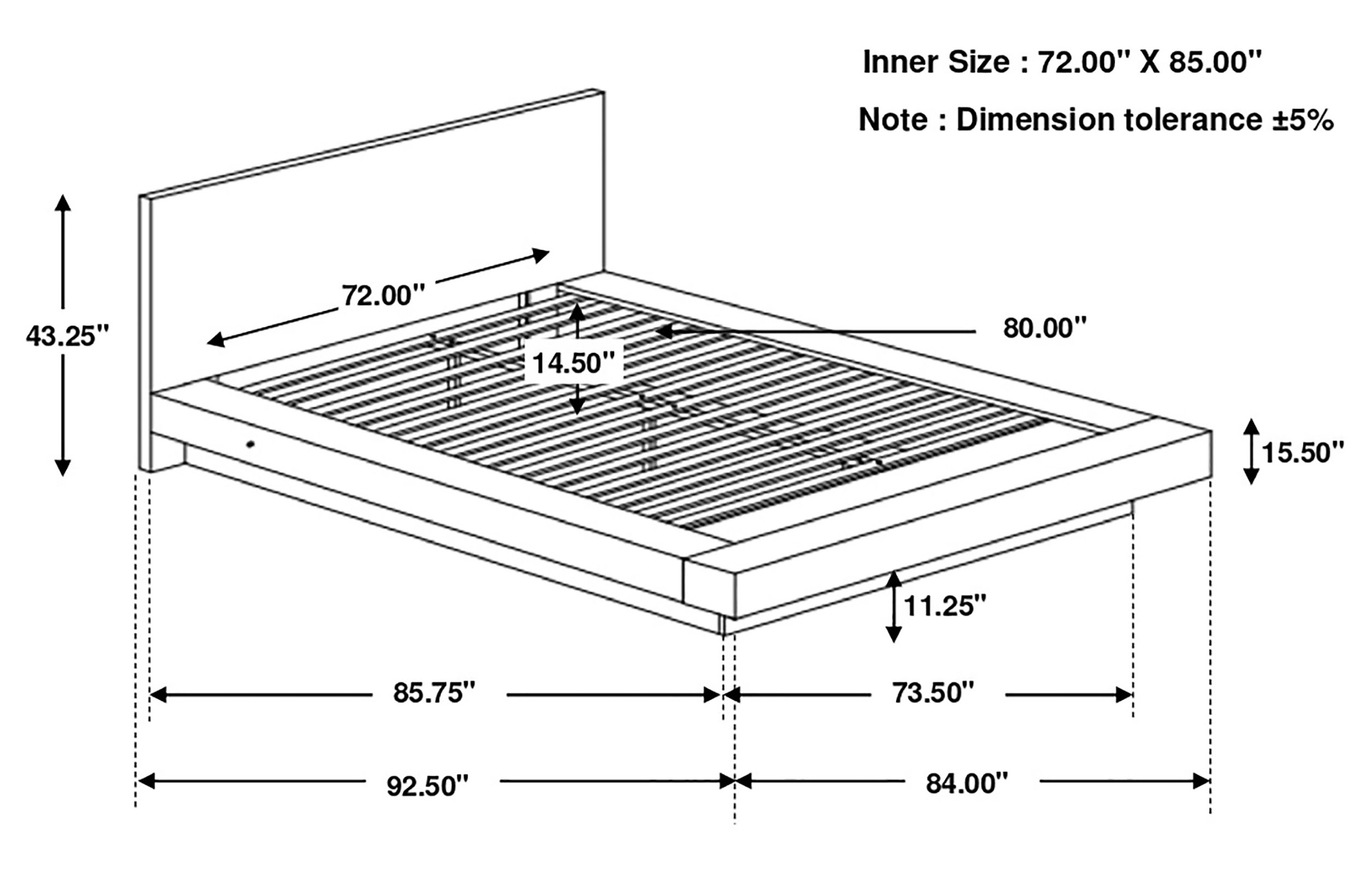 Jessica Wood Platform Bed w/Rail Seating, California King Size