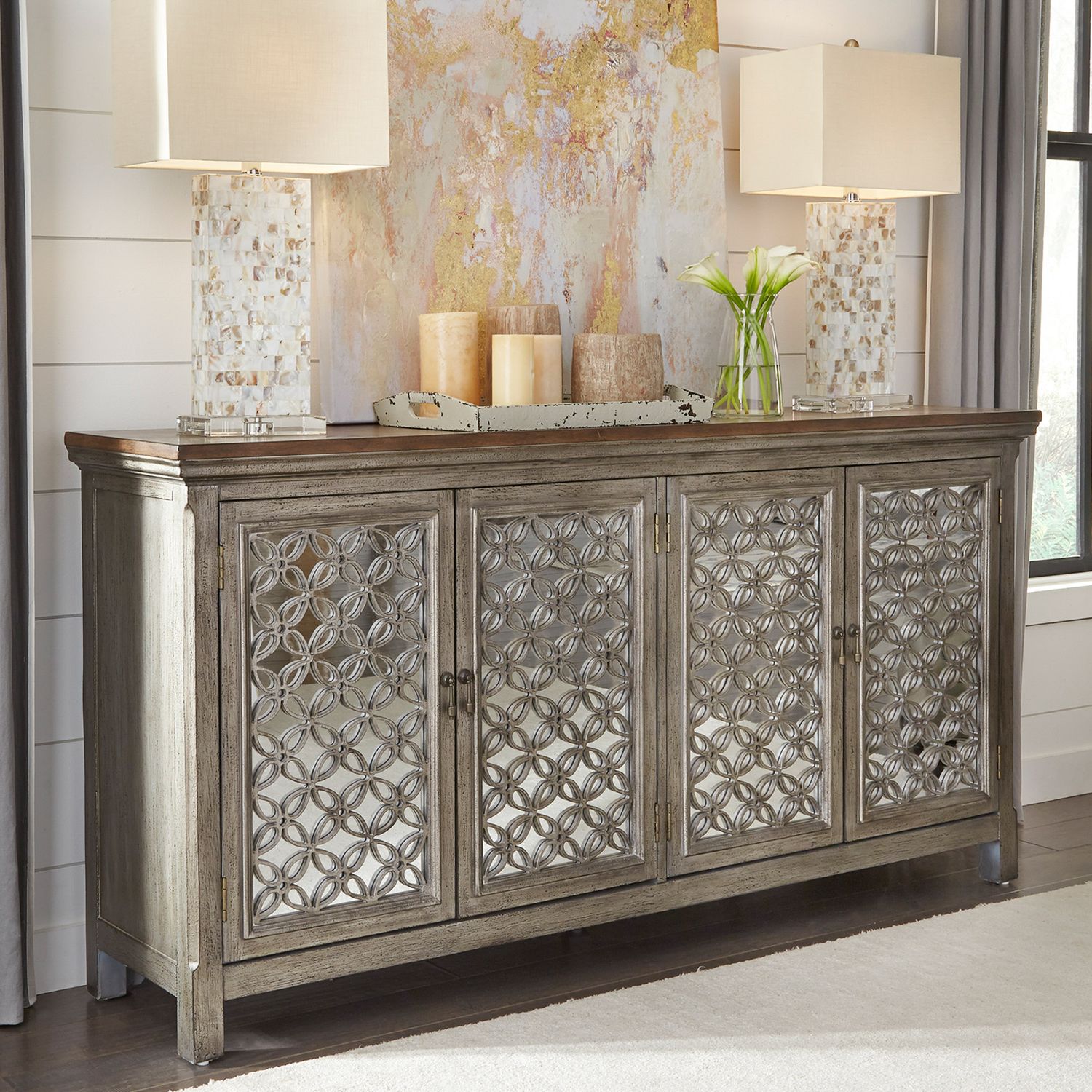 4-Door Mirrored Accent Cabinet | 72-Inch Storage Sideboard