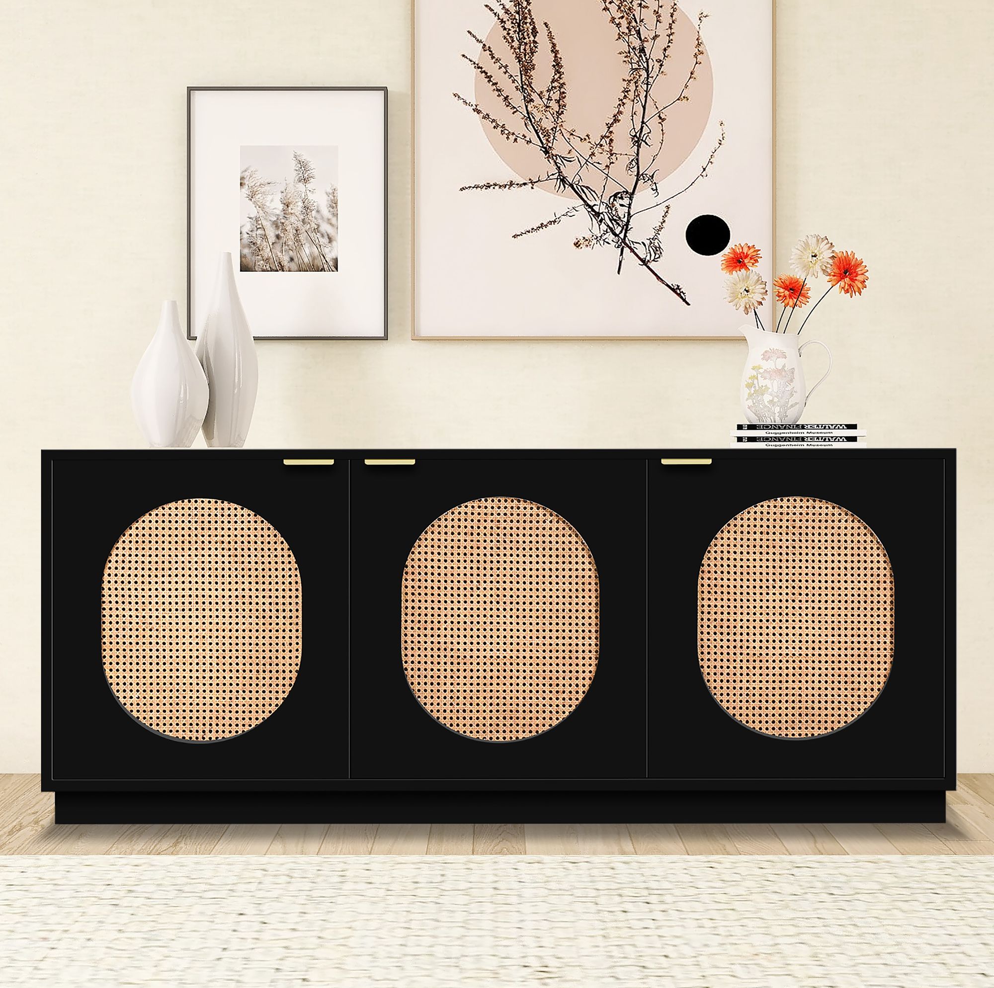 Cane 3-Door Wood Veneer Sideboard