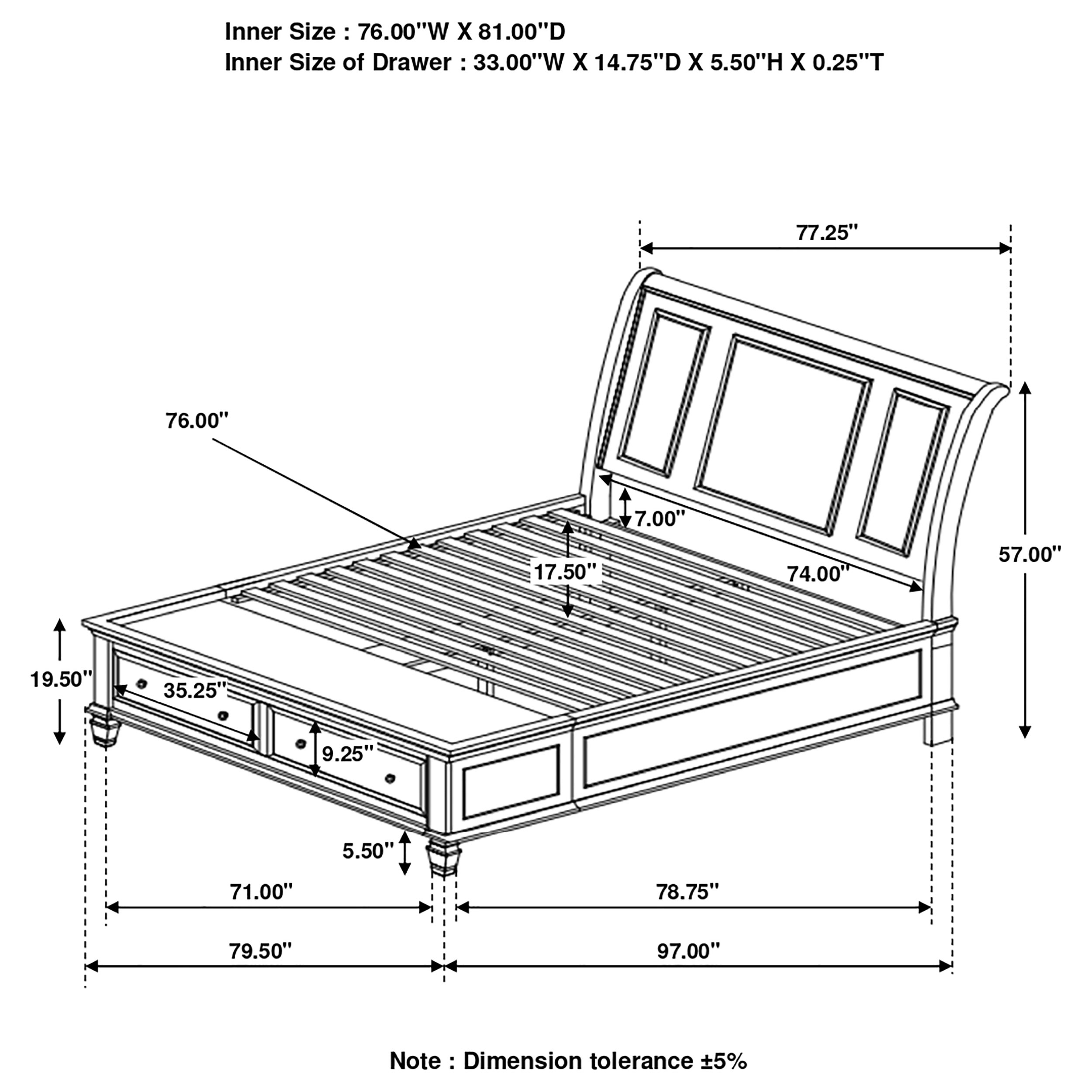 Sandy Beach Storage Sleigh Bed, Eastern King Size