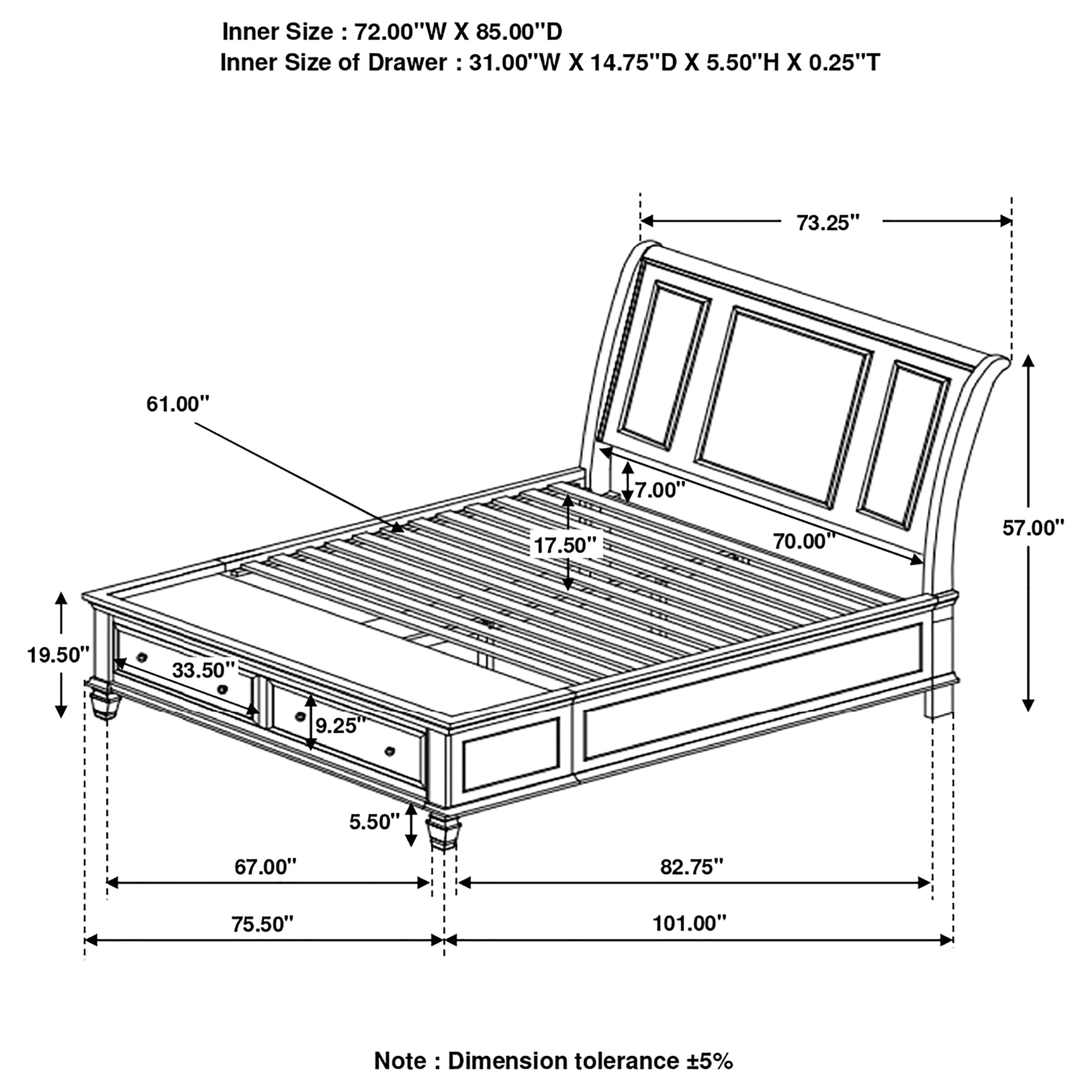 Sandy Beach Wood Storage Sleigh Bed