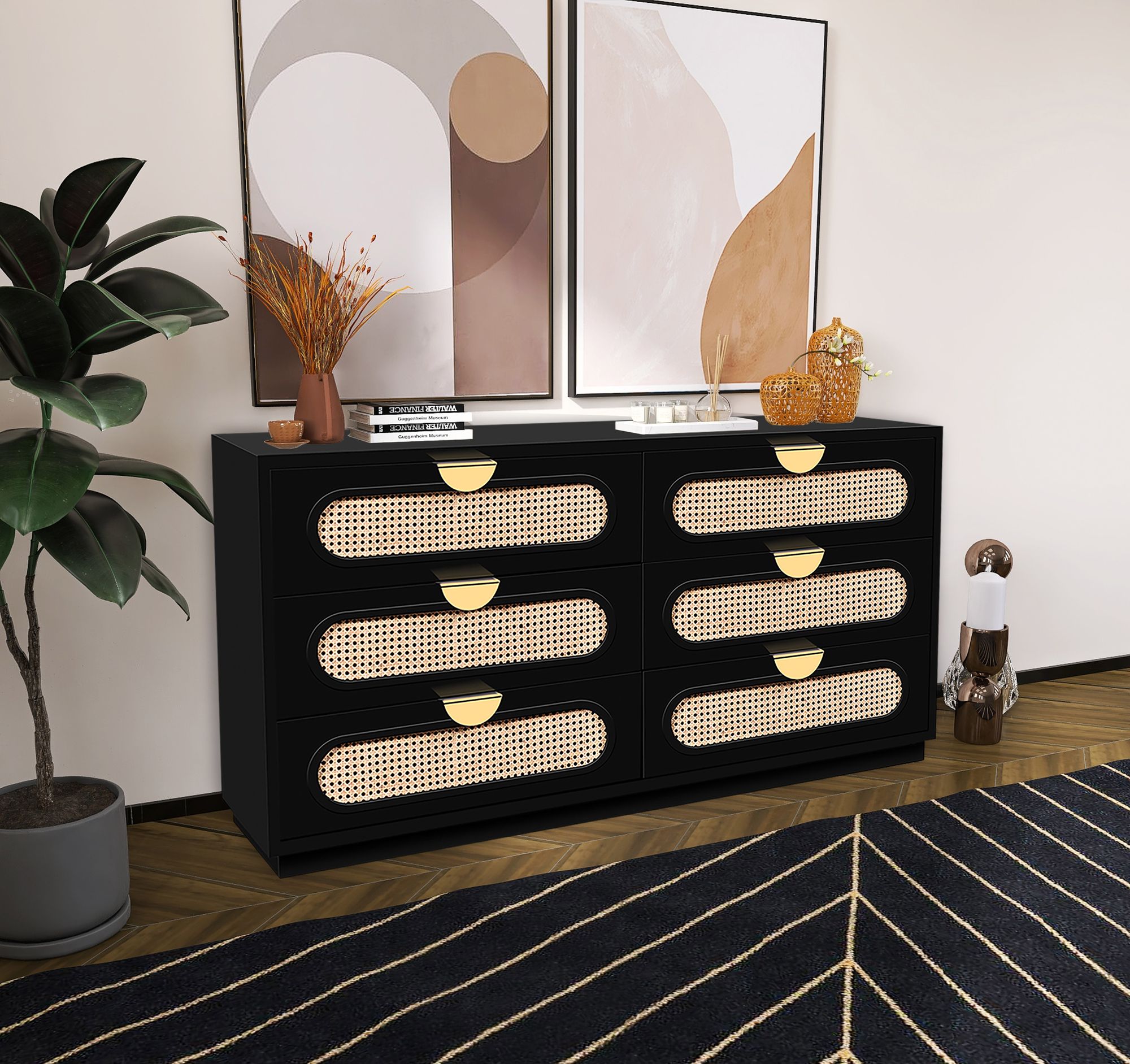 Cane 6-Drawer Wood Dresser with Natural Cane Drawer Front