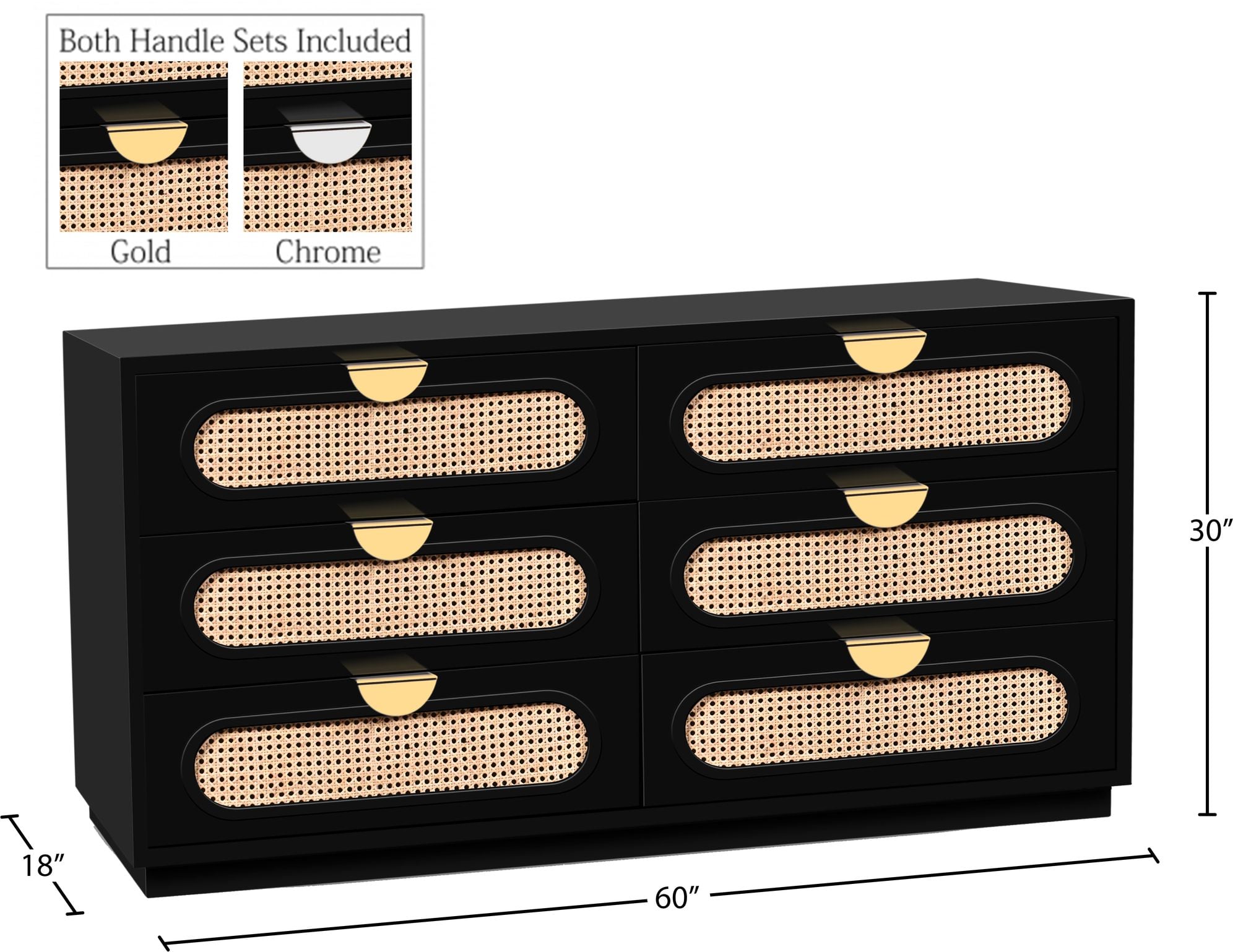 Cane 6-Drawer Wood Dresser with Natural Cane Drawer Front