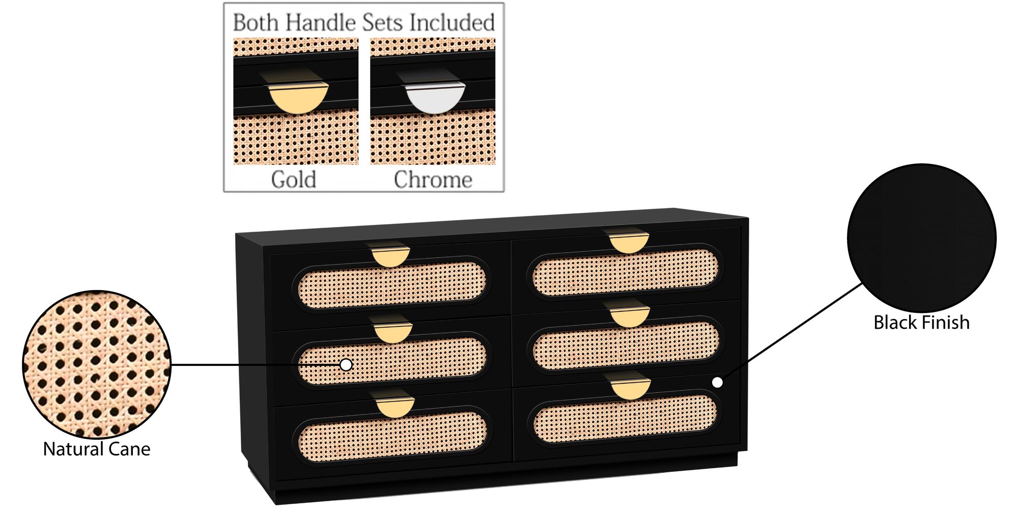 Cane 6-Drawer Wood Dresser with Natural Cane Drawer Front