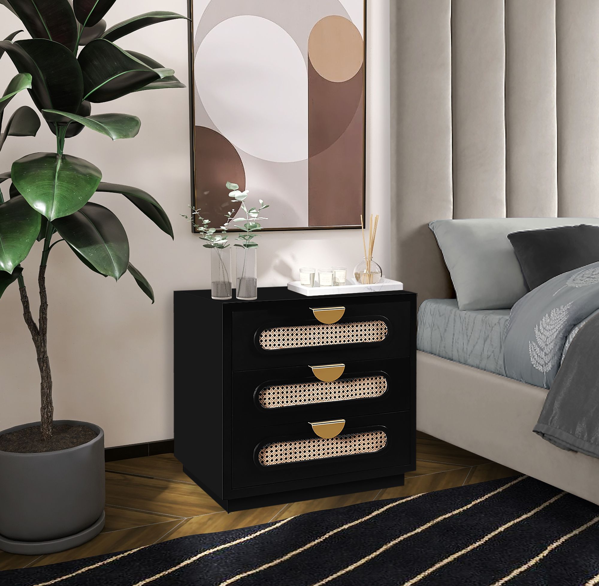 Cane 3-Drawer Wood Veneer Nightstand