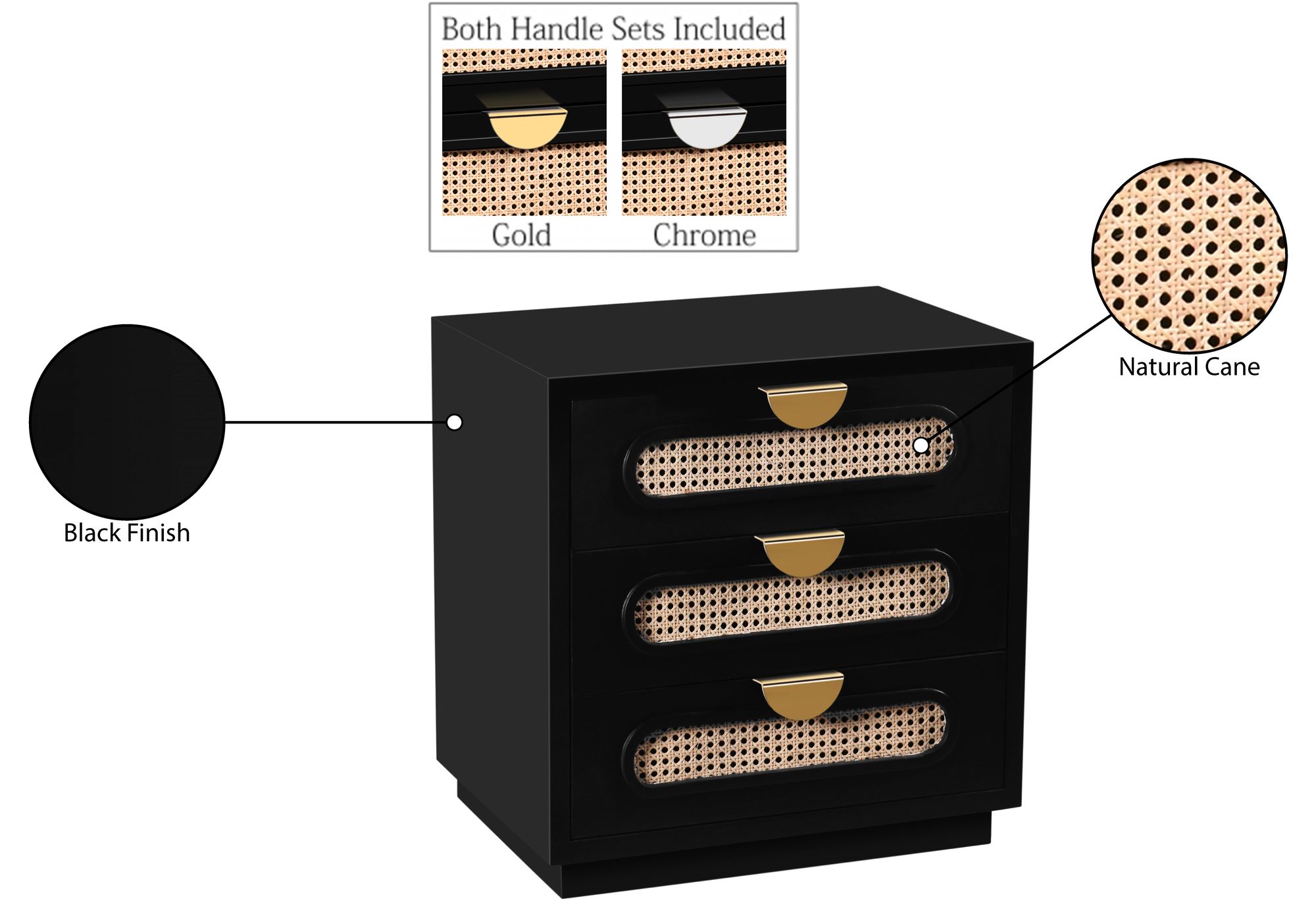 Cane 3-Drawer Wood Veneer Nightstand