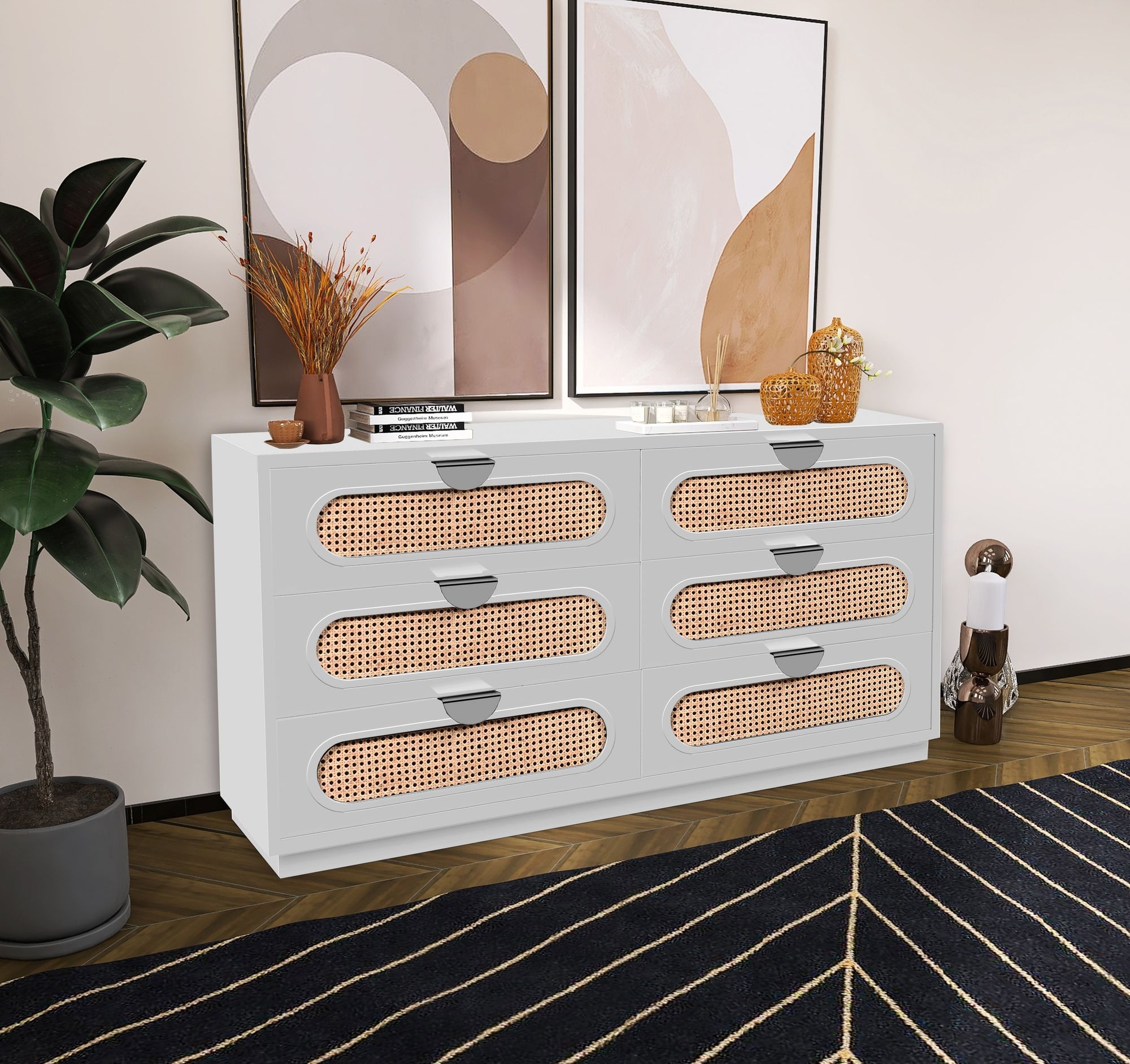 Cane 6-Drawer Wood Dresser with Natural Cane Drawer Front