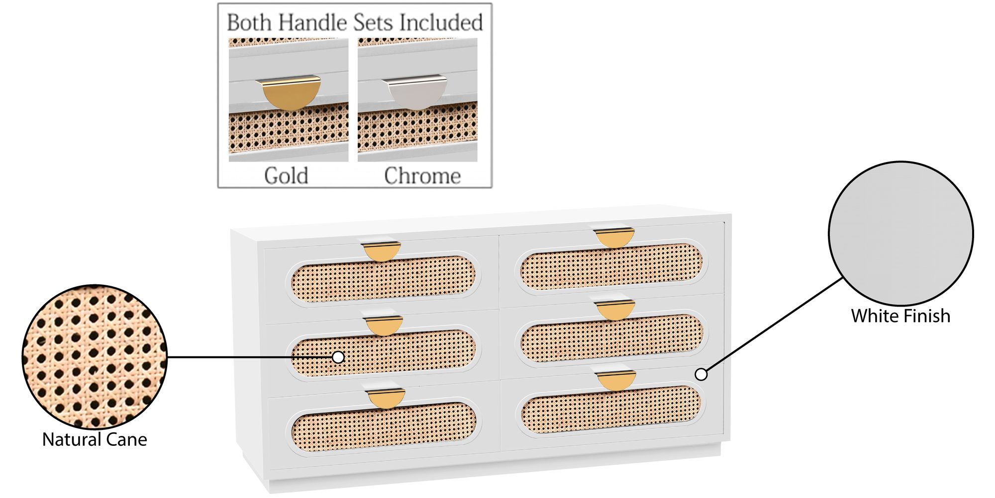 Cane 6-Drawer Wood Dresser with Natural Cane Drawer Front