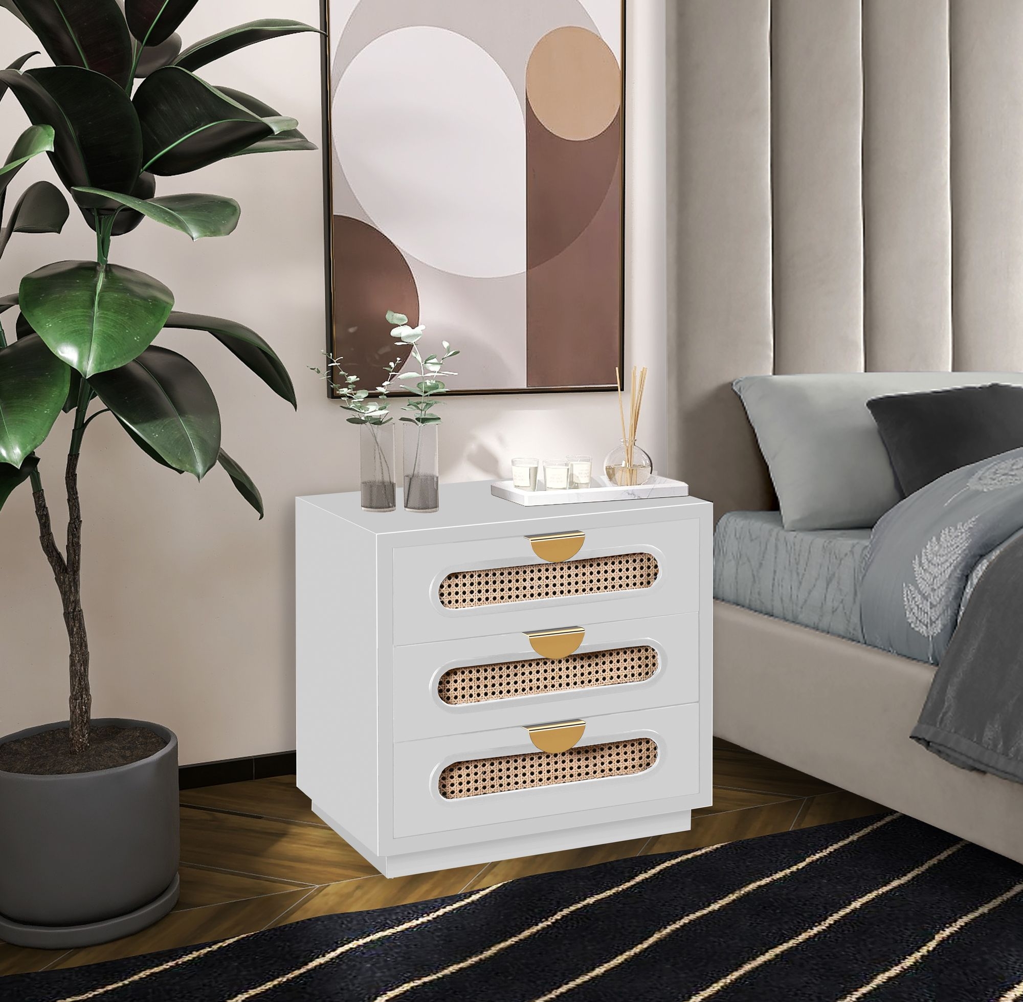 Cane 3-Drawer Wood Veneer Nightstand