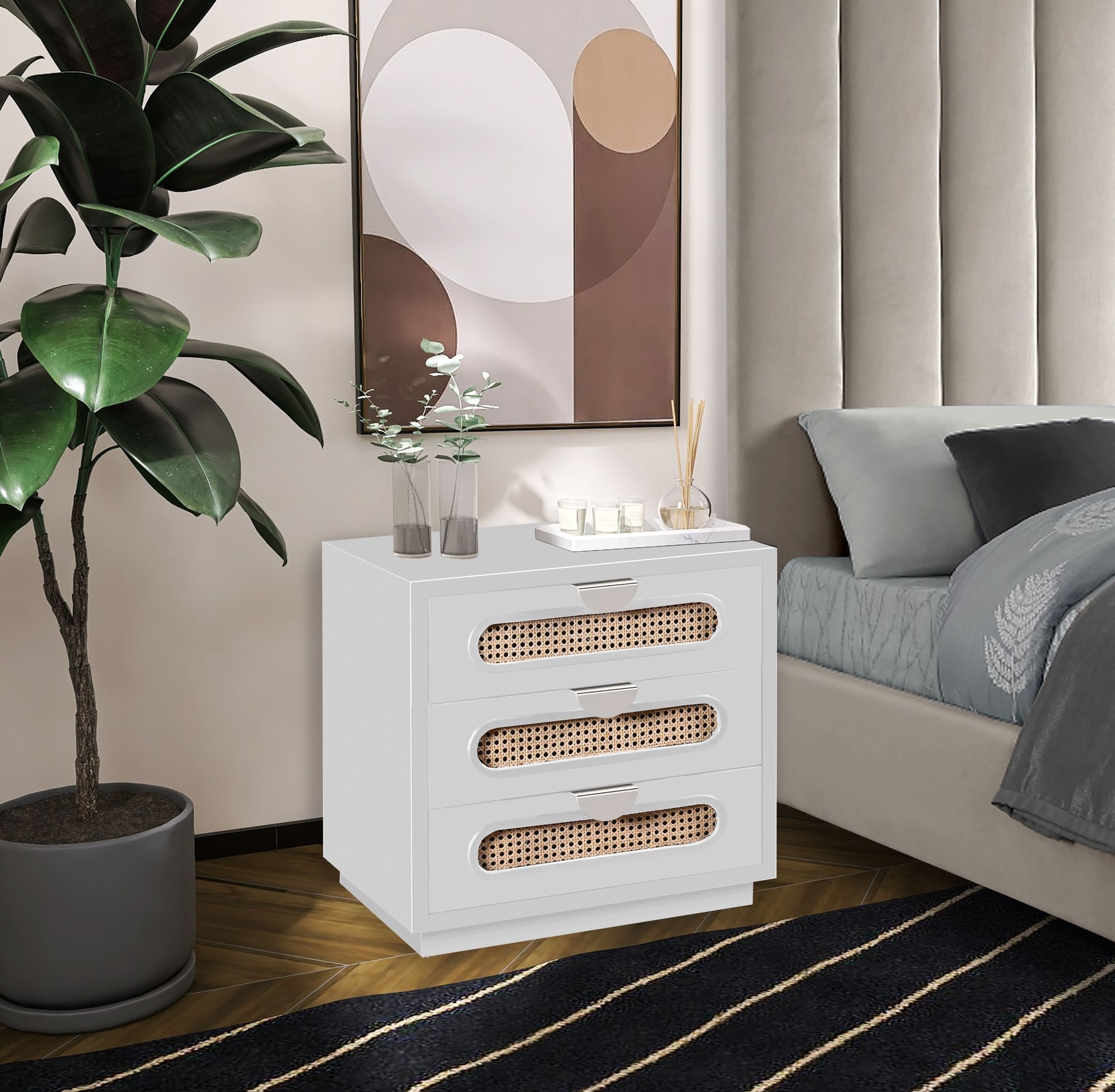 Cane 3-Drawer Wood Veneer Nightstand