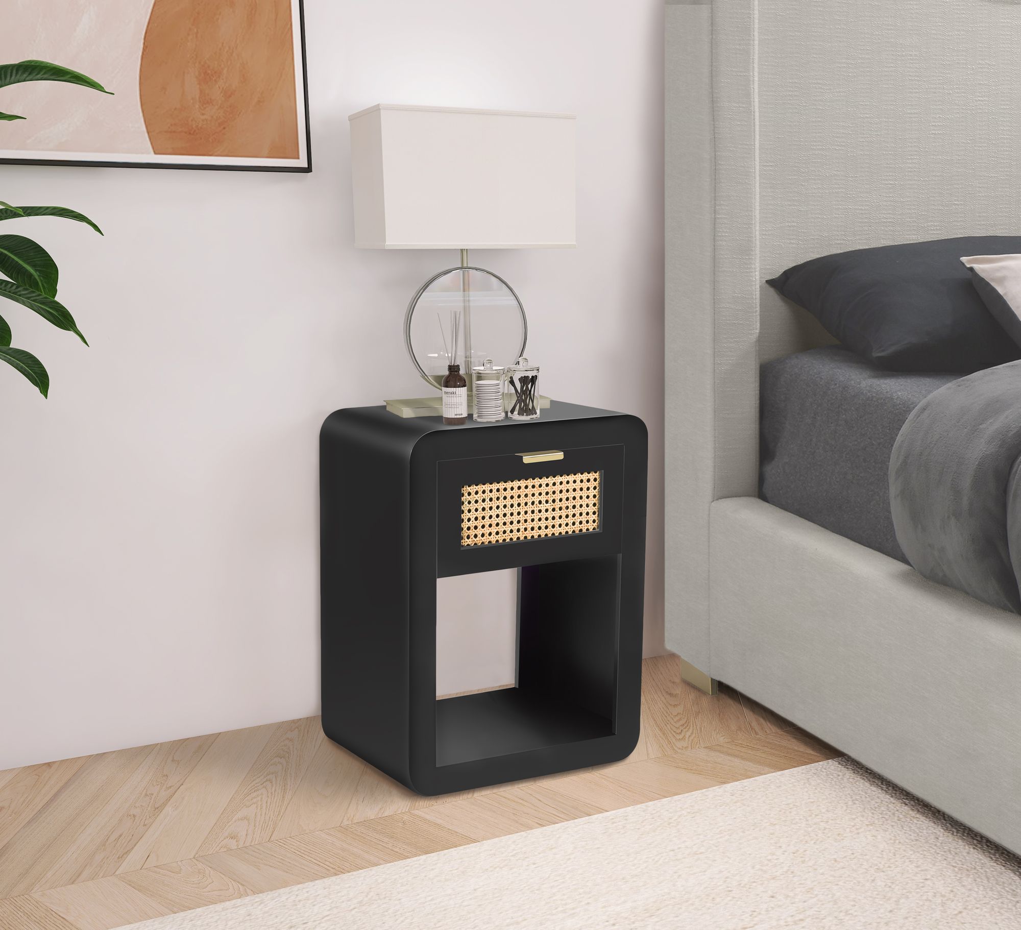 Langham 18" 1-Drawer Wood Veneer & Natural Cane Nightstand