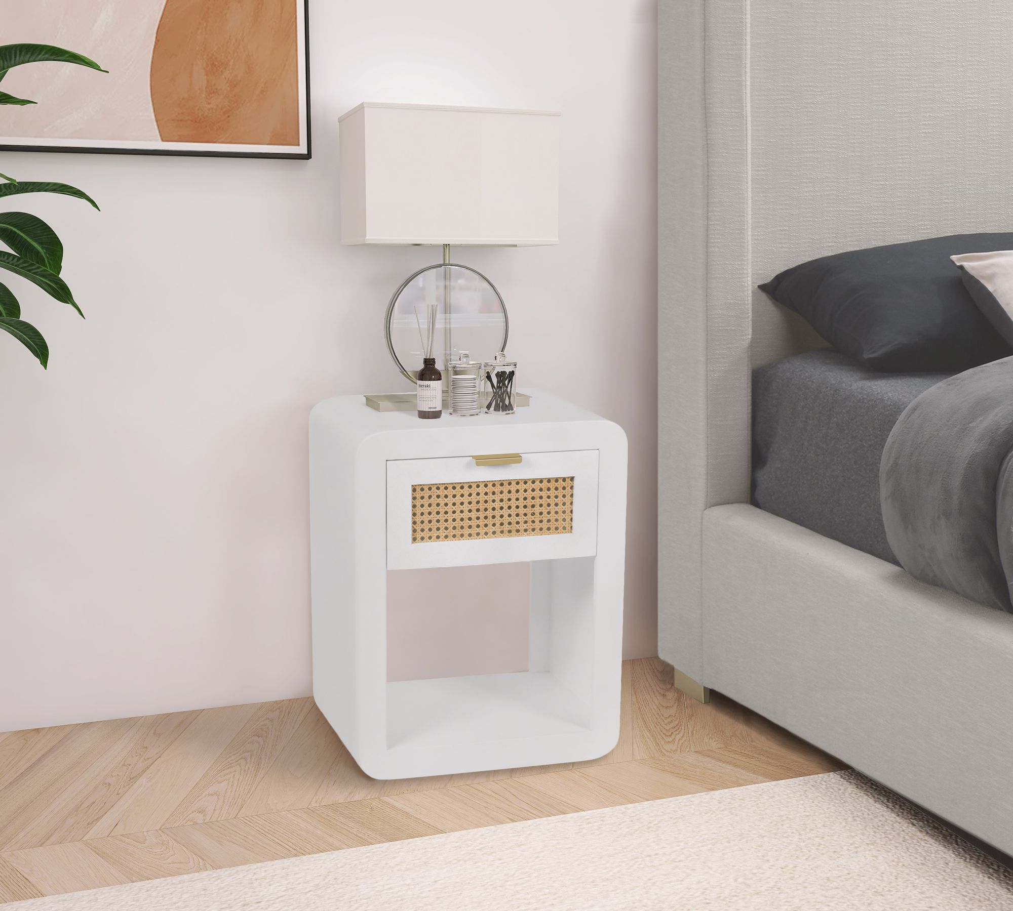 Langham 18" 1-Drawer Wood Veneer & Natural Cane Nightstand