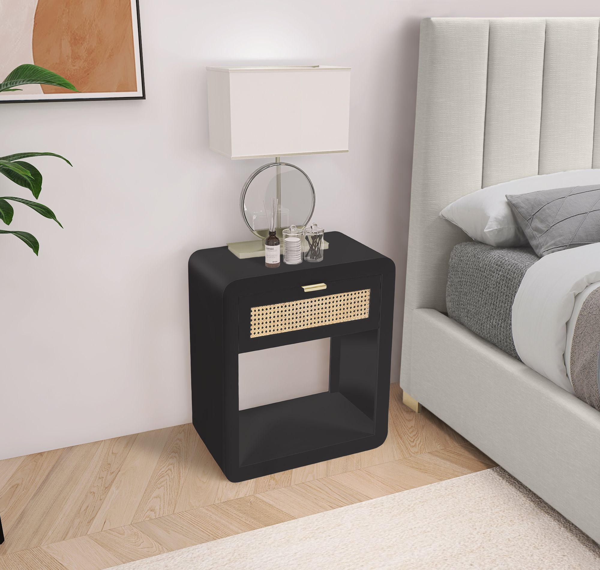 Langham 24" 1-Drawer Wood Veneer & Natural Cane Nightstand