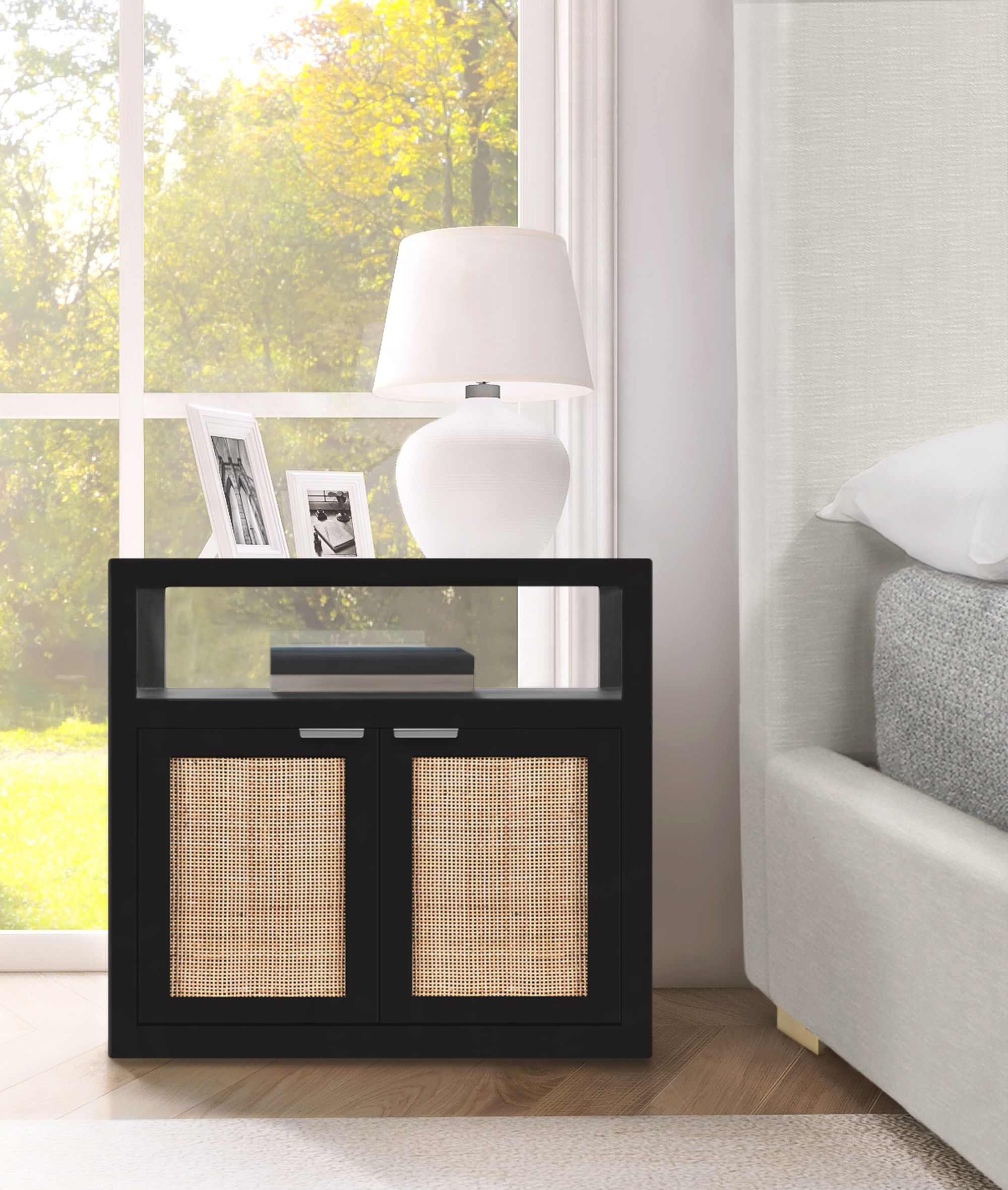 Cambria 2-Door Wood Veneer & Natural Cane Nightstand